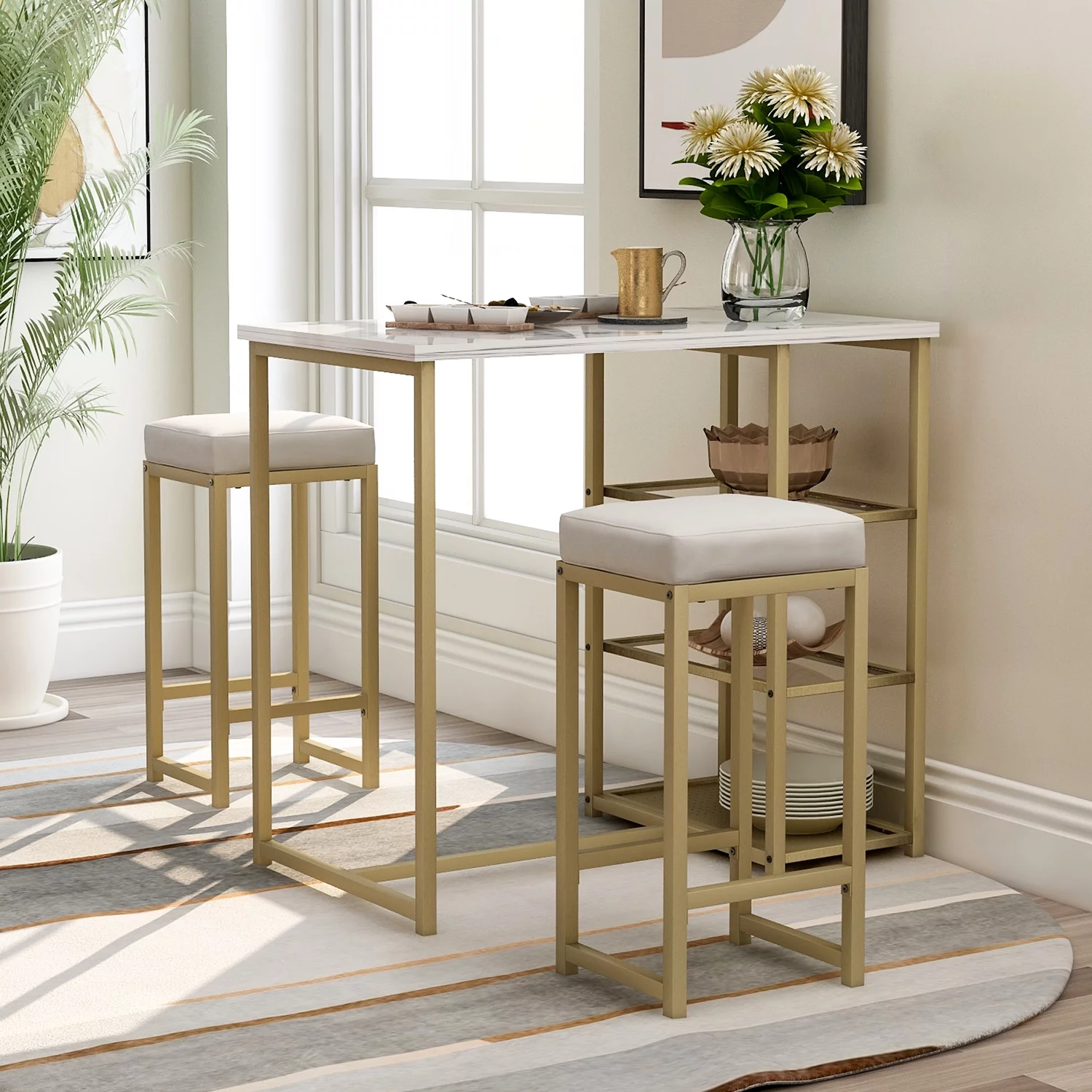 EUROCO Pub Set with Bar Stools, Faux Marble Countertop, White and Gold, Set of 2