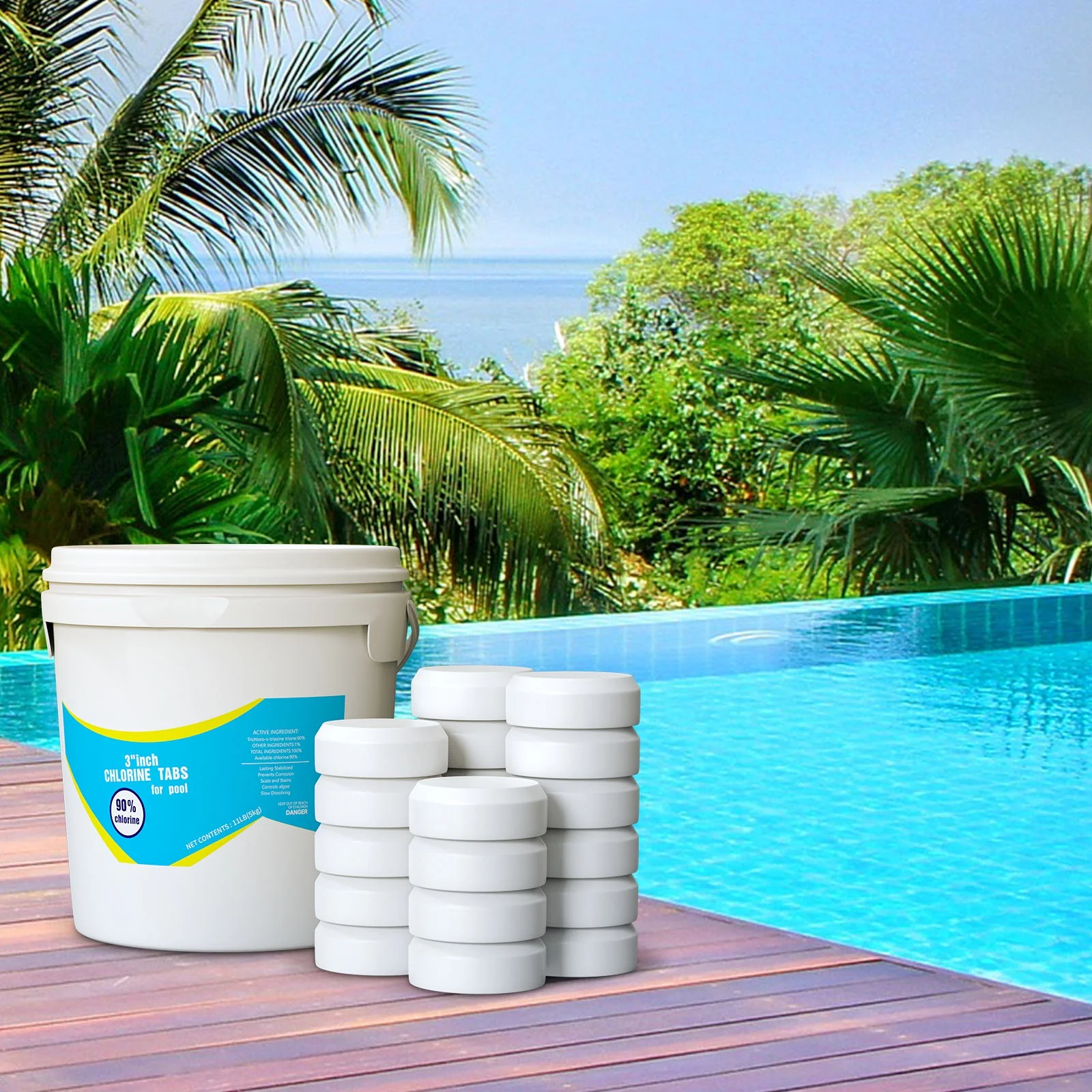 3 Inch Stabilized Chlorine Tablets for Swimming Pools - Individually Wrapped, Slow Dissolving - 90% Available Chlorine（11 Pounds）