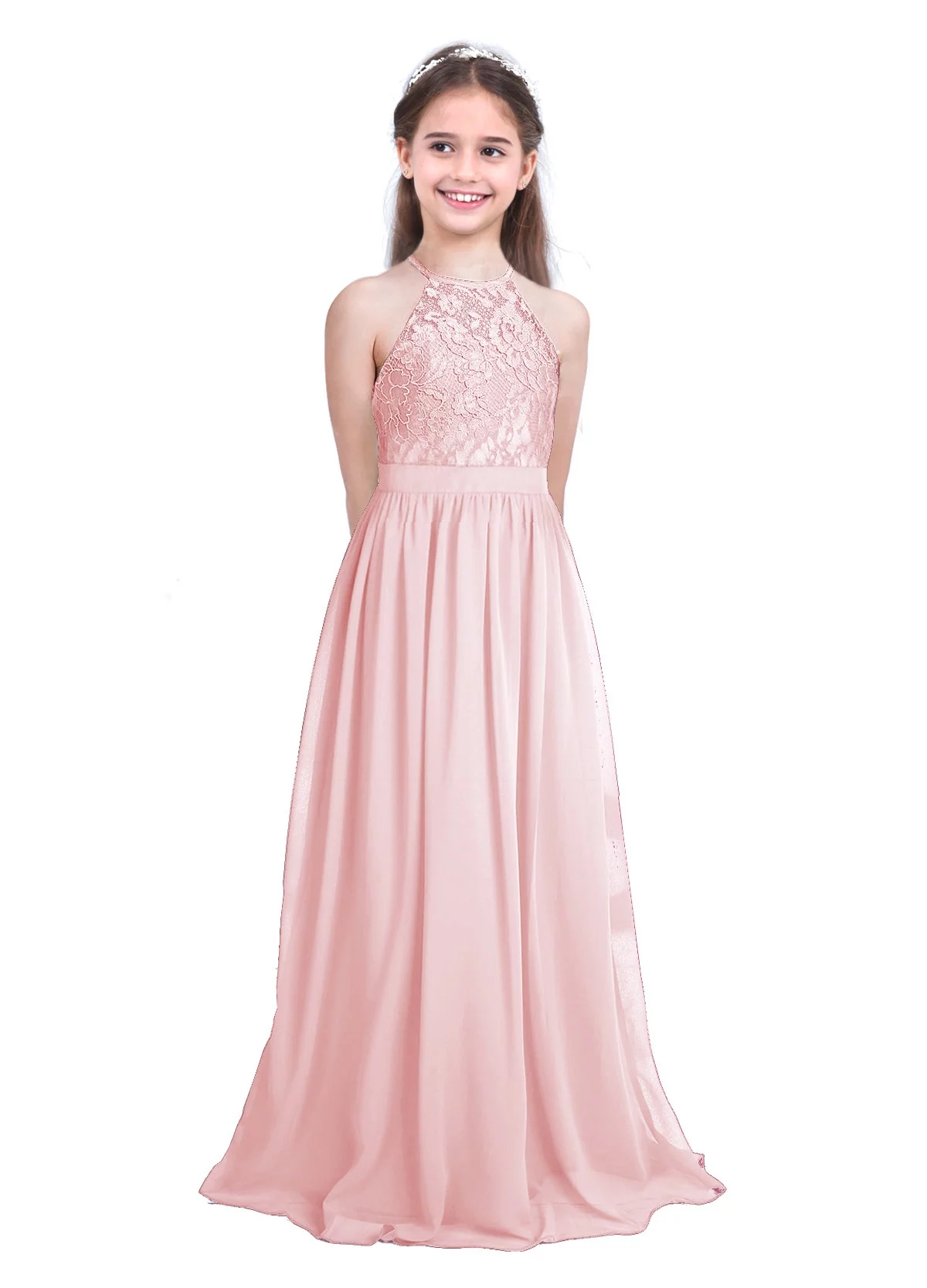TTAO Kids Flower Girls Dress Wedding Bridesmaid Lace Chiffon Maxi Long Dress Party Ball Gown 6-16Y Pearl Pink 6