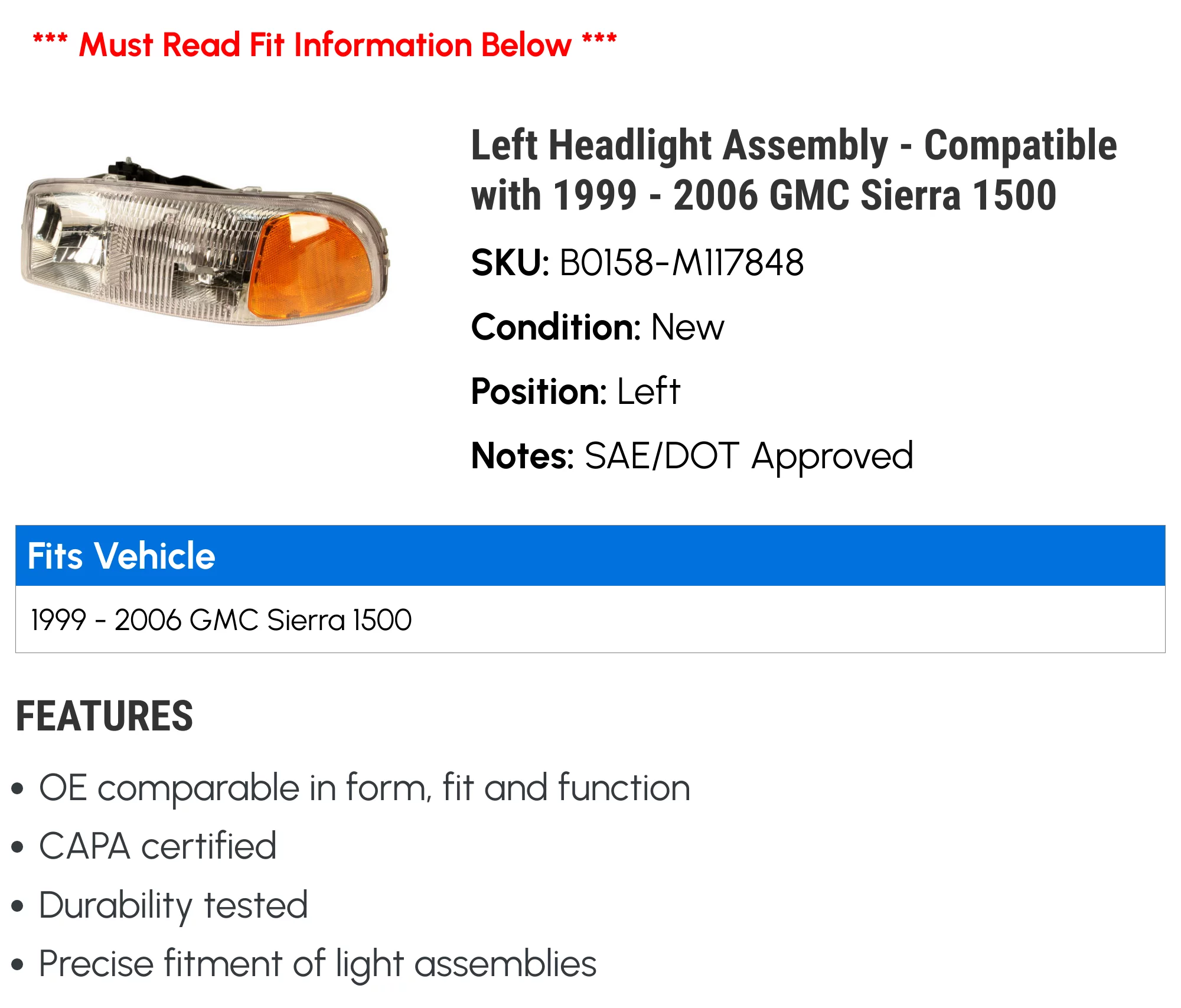 Left Headlight Assembly - Compatible with 1999 - 2006 GMC Sierra 1500 2000 2001 2002 2003 2004 2005