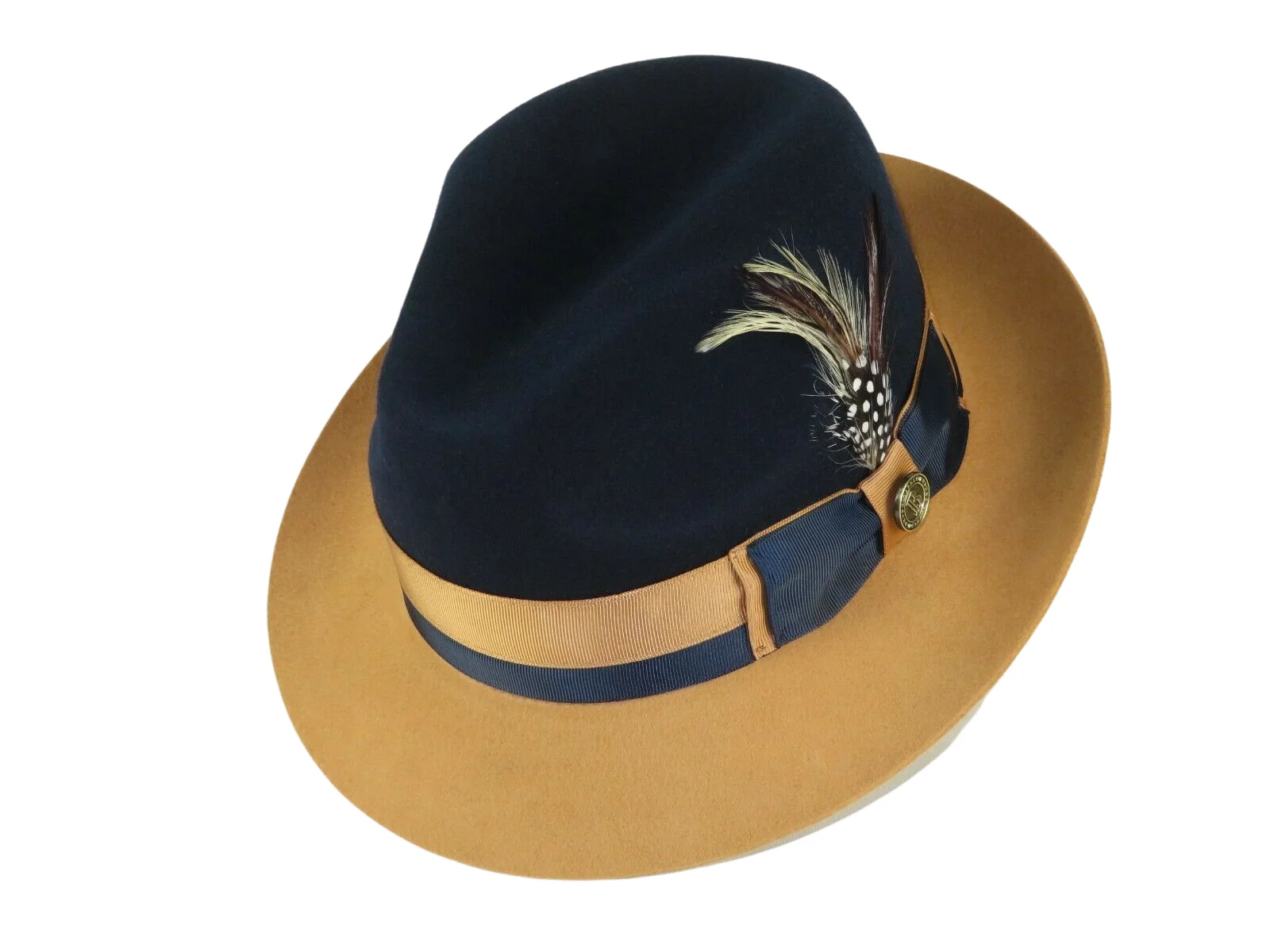 Mens Bruno Capelo Dress Hat Australian Wool Pinch Front Fedora CA346 Navy Camel