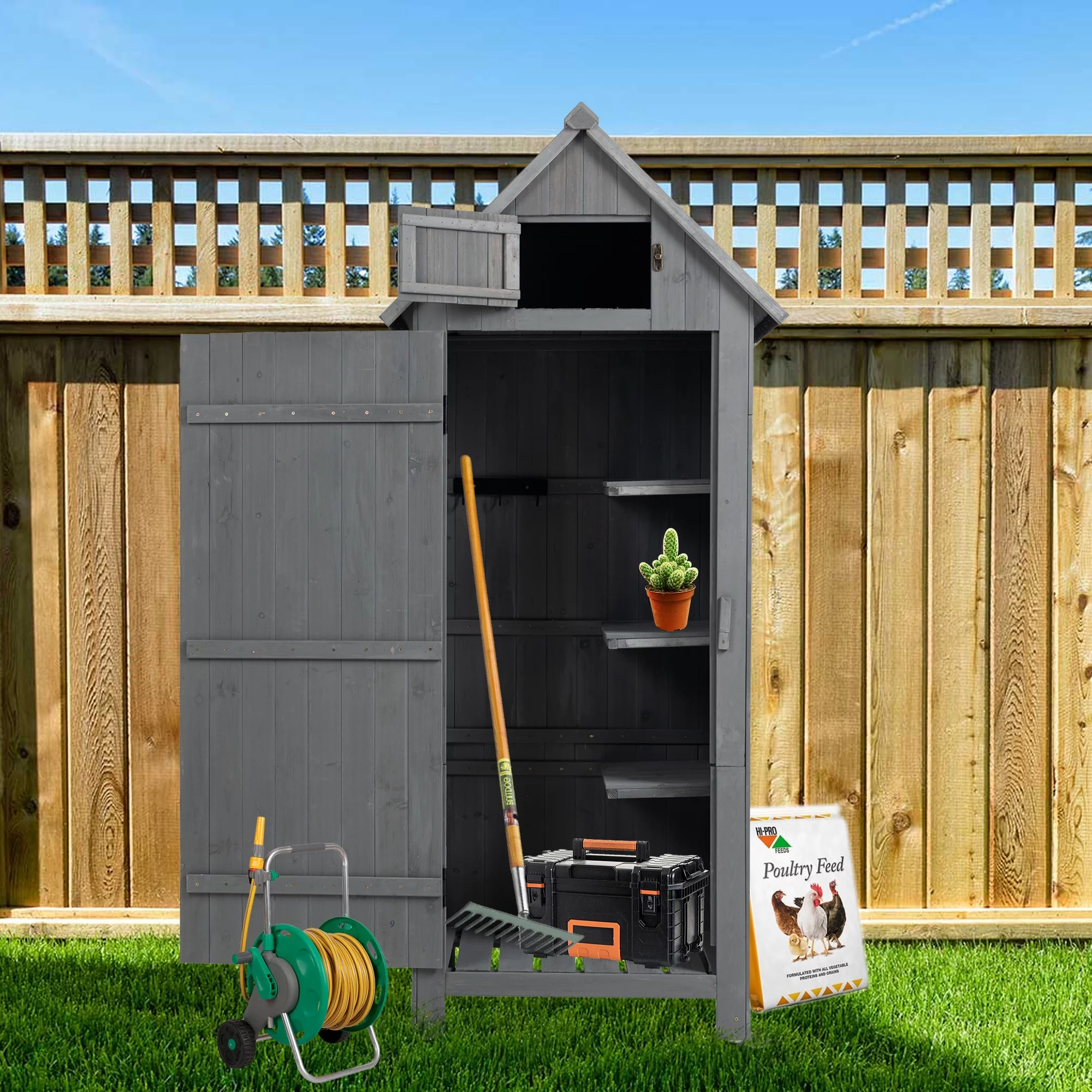 Outdoor Tool Storage Cabinet, Wooden Fir Garden Shed with Single Storage Door