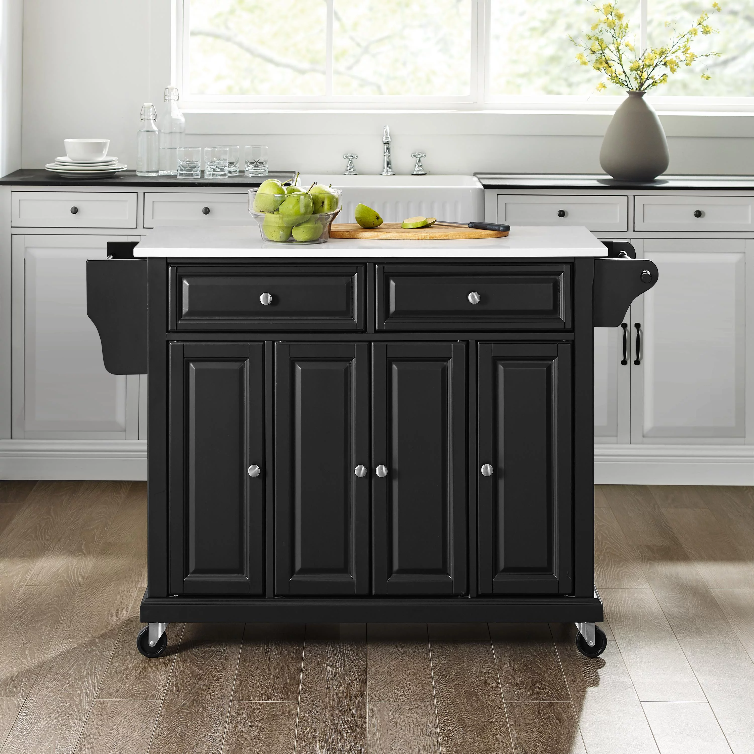 Crosley Furniture Wood Granite Top Kitchen Cart in Black/White