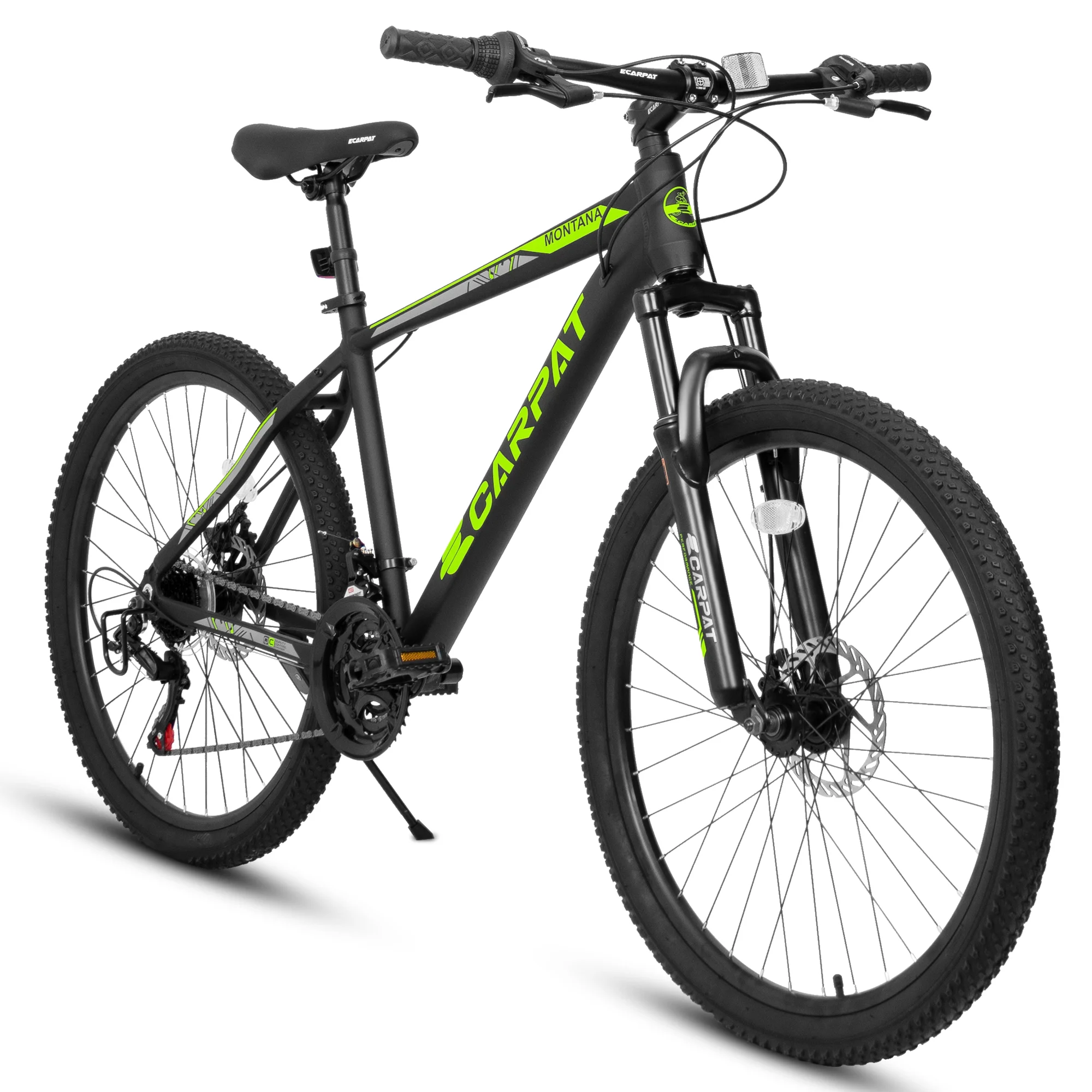 Ecarpat 26 inch mountain bike adult aluminum frame shock absorbing front fork bike 21-speed disc brake, black green.