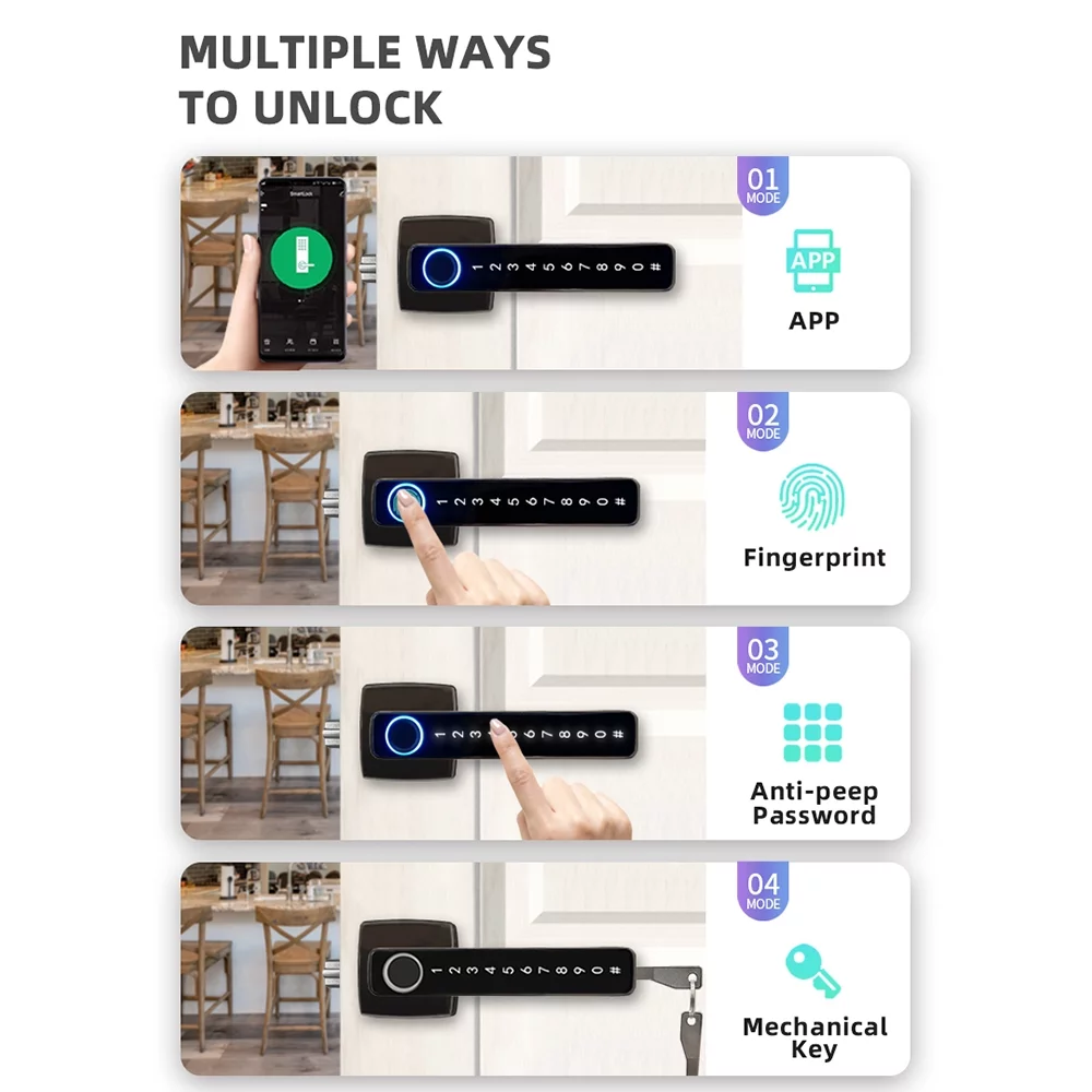 Arealer Fingerprint Smart Door Lock with Handle 4 in 1 Keyless Entry APP Key Passcodes Smart Knobs for Front Door Bedroom Apartment Hotel Black