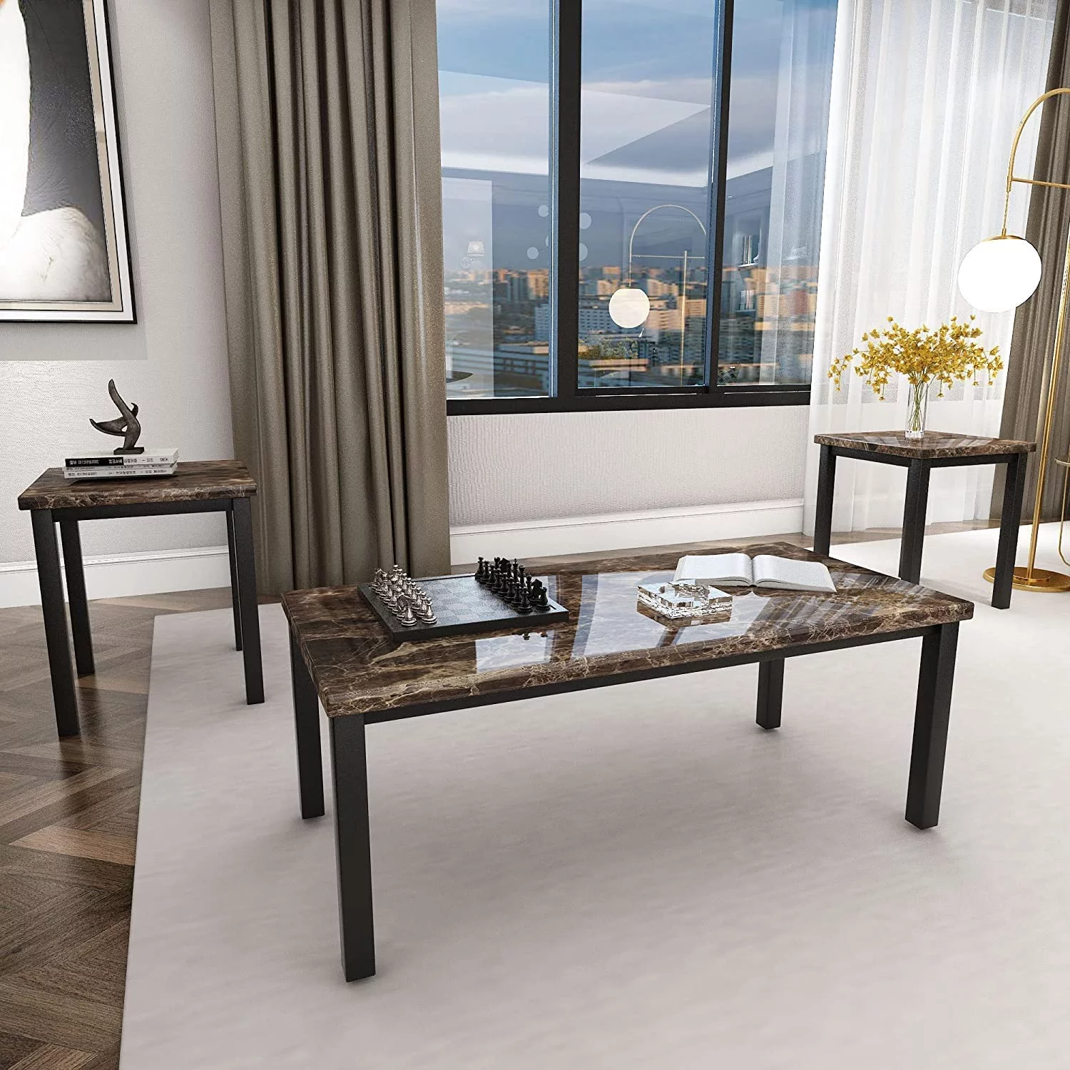 3 Piece Coffee, Living Room 3PCS Set with Faux Marble Tabletop, Includes CoffeeTable and 2 End Tables, 42.1