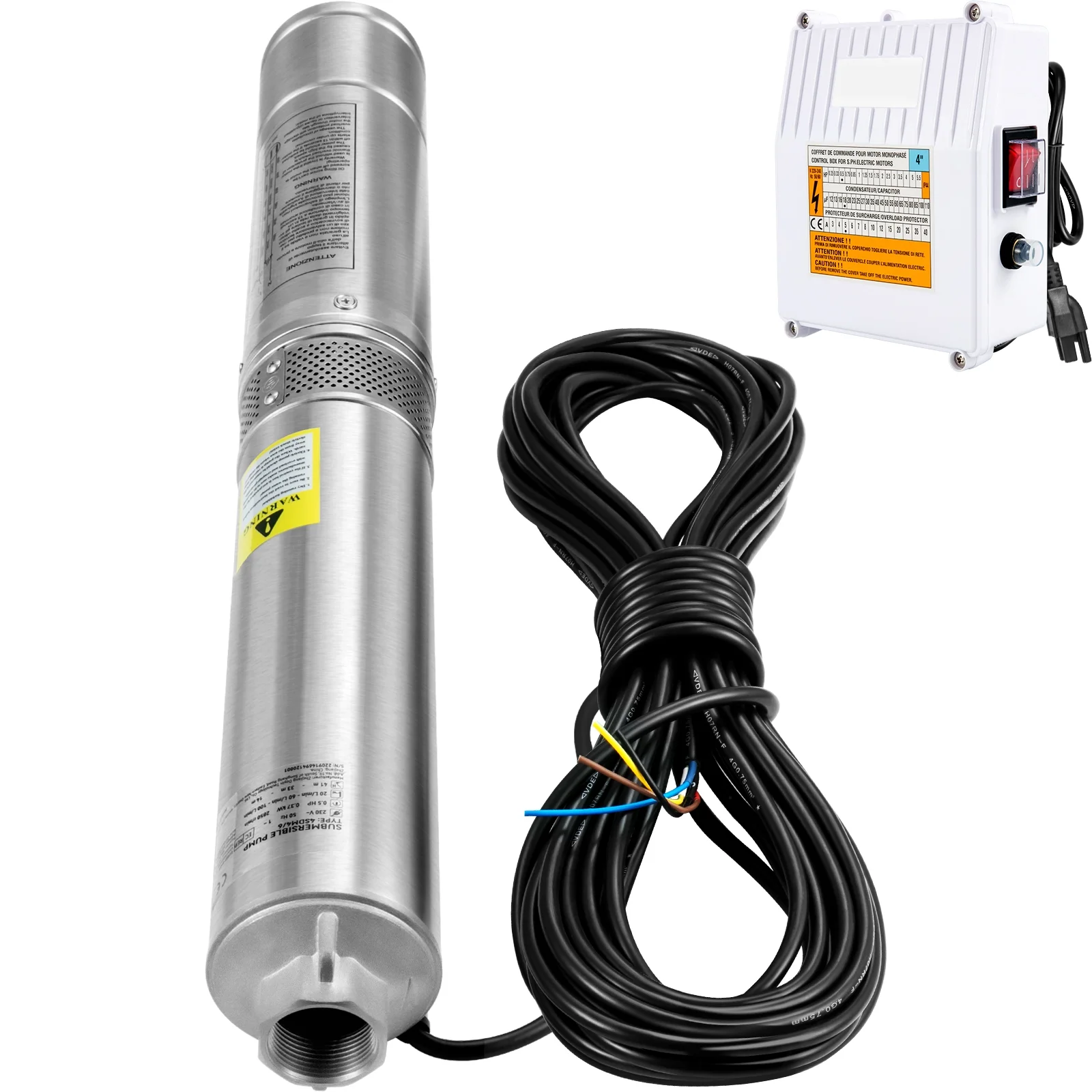 SKYSHALO Deep Well Submersible Pump, 4 inch Stainless Steel Water Pumps, 2HP 230V/60Hz, 37GPM 427 ft Head, with 33 ft Cord & External Control Box,