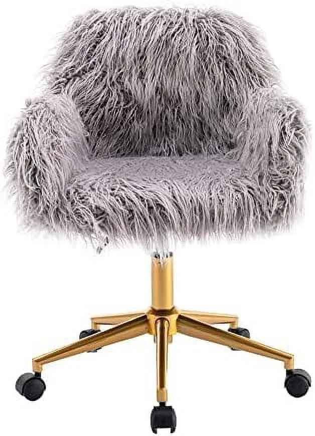 YPDCHB Fluffy Desk Chair  Faux Fur Furry Home Office Chair  Fuzzy Modern Swivel Armchair with Wheels  Height Adjustable Sturdy Golden Base for Girls Teens Vanity  Dressing Room  Bedroom