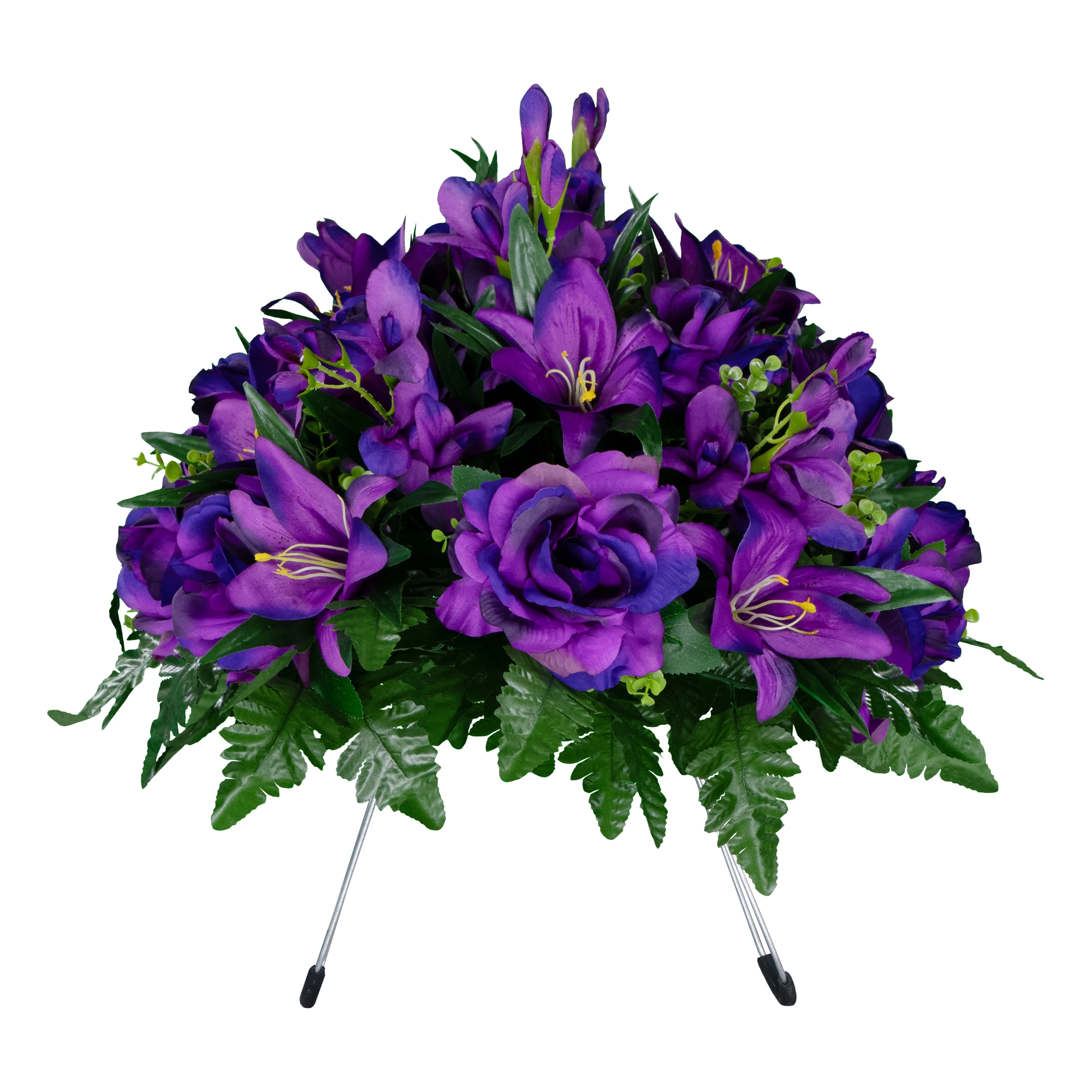 Sympathy Silks Artificial Cemetery Flowers Purple Gladiolus Rose and Lily Saddle for Headstone