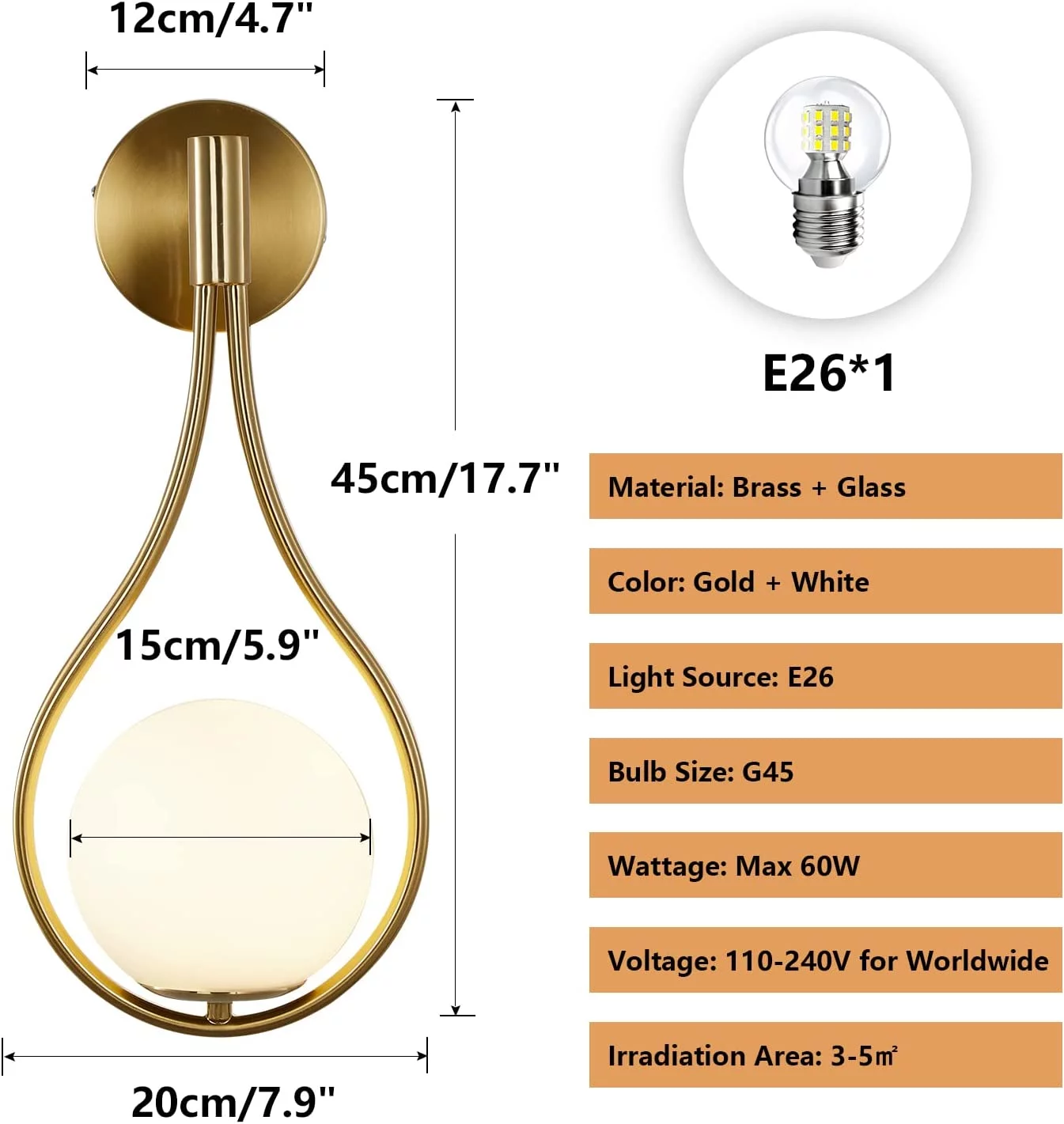 YOUB Lighting Wall Sconce Mid-Century Drop Design Wall Mounted Light Brushed Brass Wall Lamps, Wall Mount Light Fixture for Bedside Living Room (1 Pack)