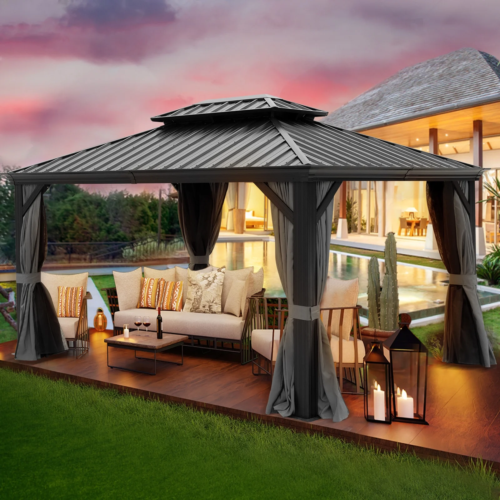Homiyad 10X12ft Hardtop Gazebo with Netting & Curtain, Black