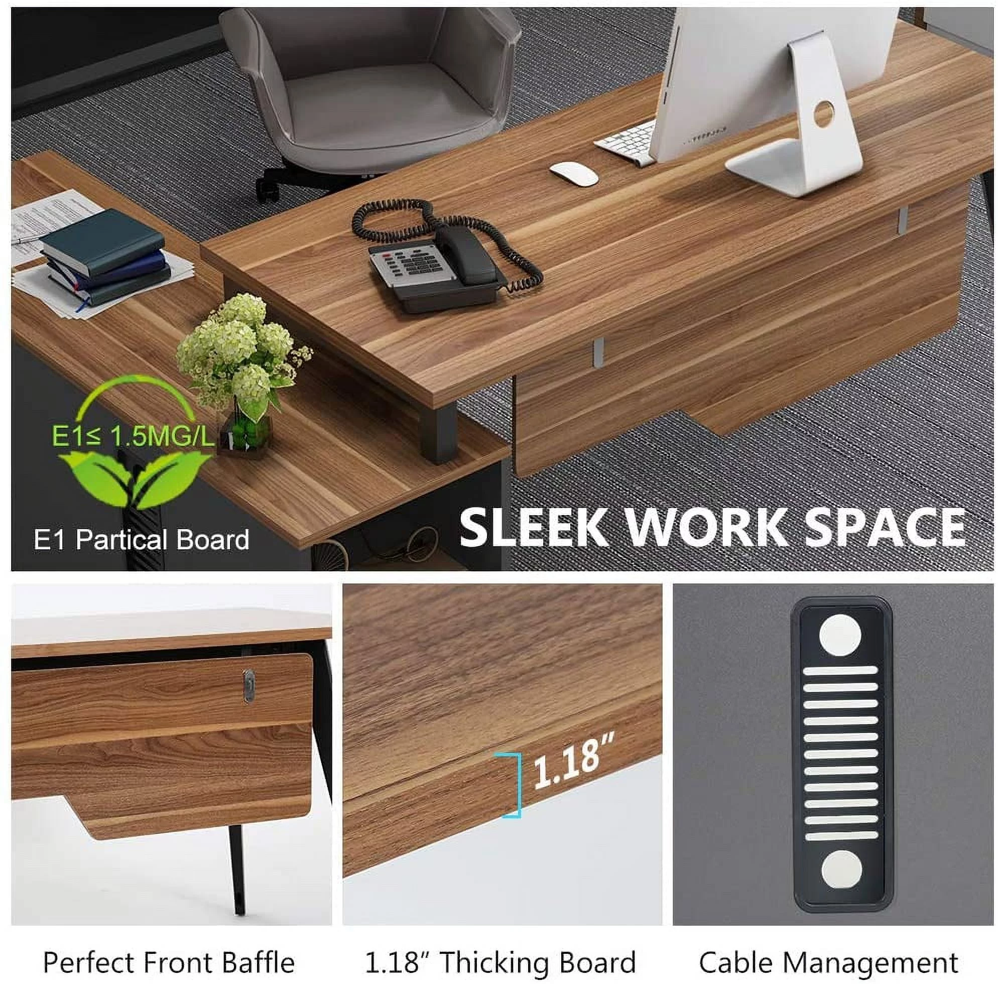 TribeSigns L-Shaped Desk, Large Executive Office Desk Computer Table Workstation with Storage Shelves, Business Furniture with File Cabinet, Dark Walnut + Stainless Steel Legs