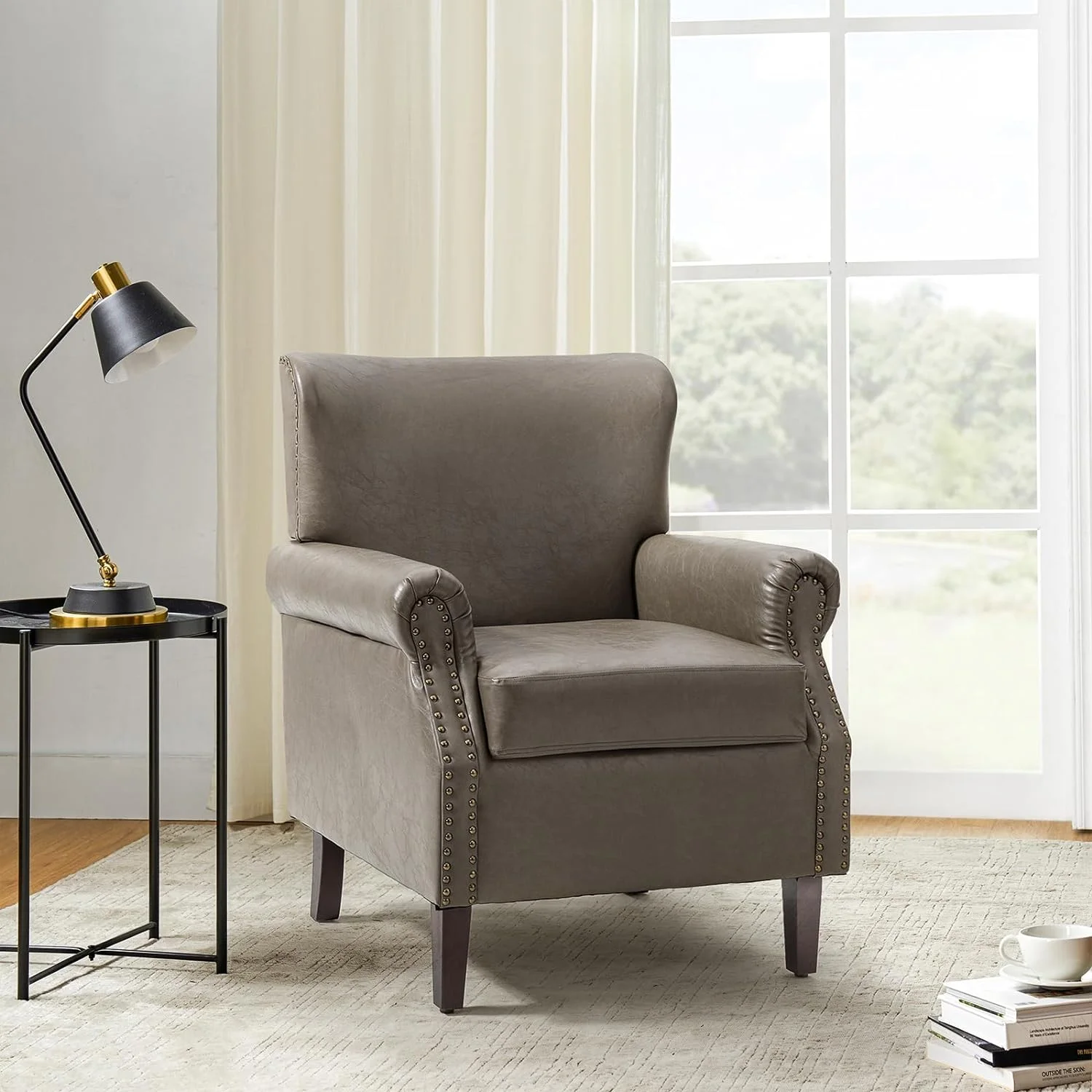 Faux Leather Accent Chair With Rolled Armrests & Nailhead Trim, Comfy Upholstered Living Room Armchair With Removable Cushion, Traditional Single Sofa Chair For Bedroom Office, Grey