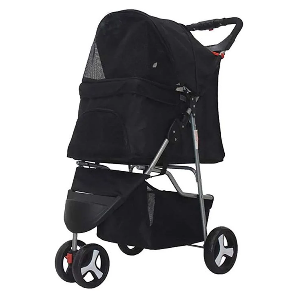 Foldable Pet Dog Stroller, 3 Wheels Pet Stroller With Weather Cover & Storage Basket Travel Folding For Dog And Cat (Black)