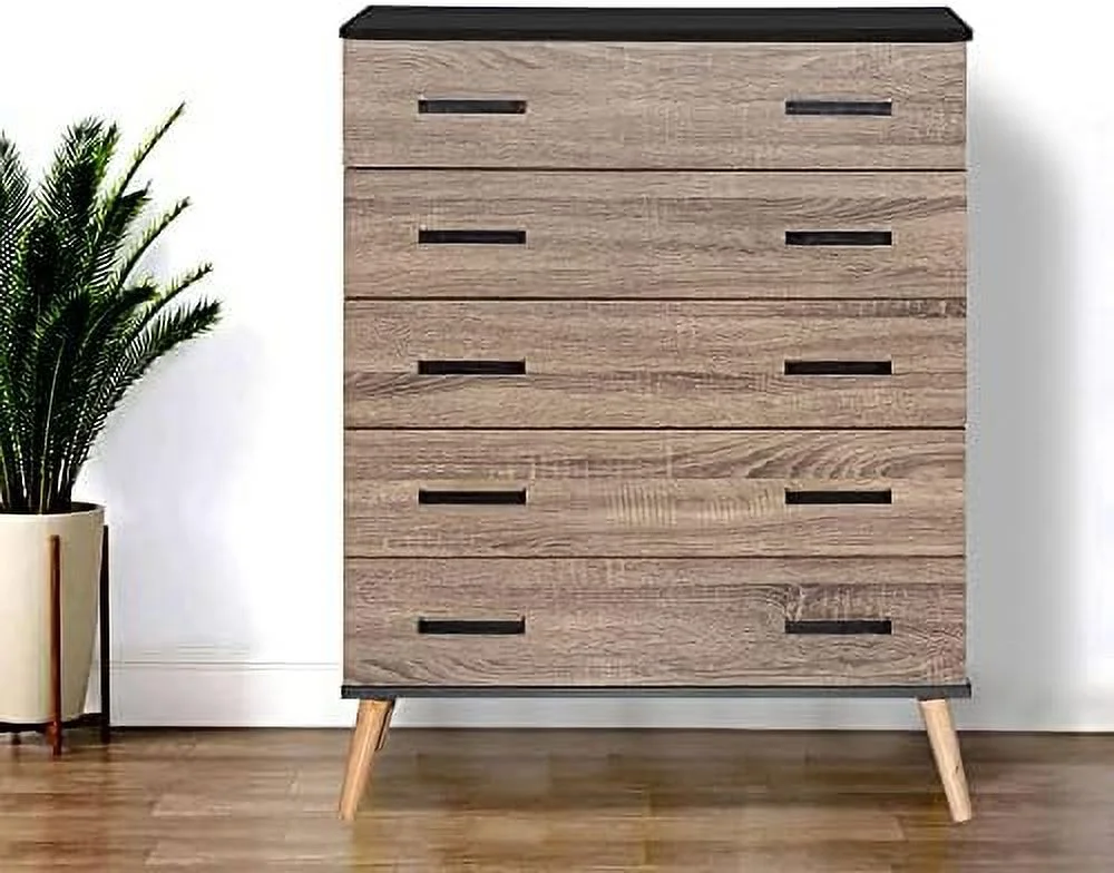 HBBOOMLIFE Eli Mid-Century Modern 5 Drawer Chest Dark Gray & Honey Oak