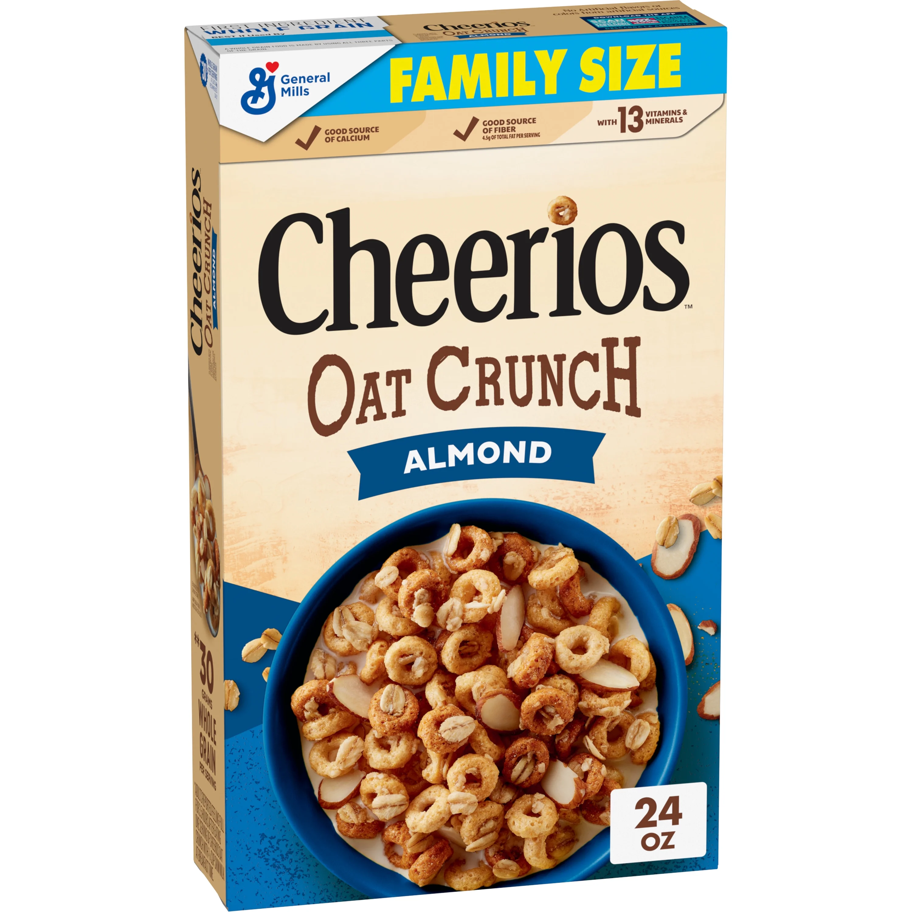 (2 pack) Cheerios Oat Crunch Almond Oat Breakfast Cereal, Family Size, 24 oz