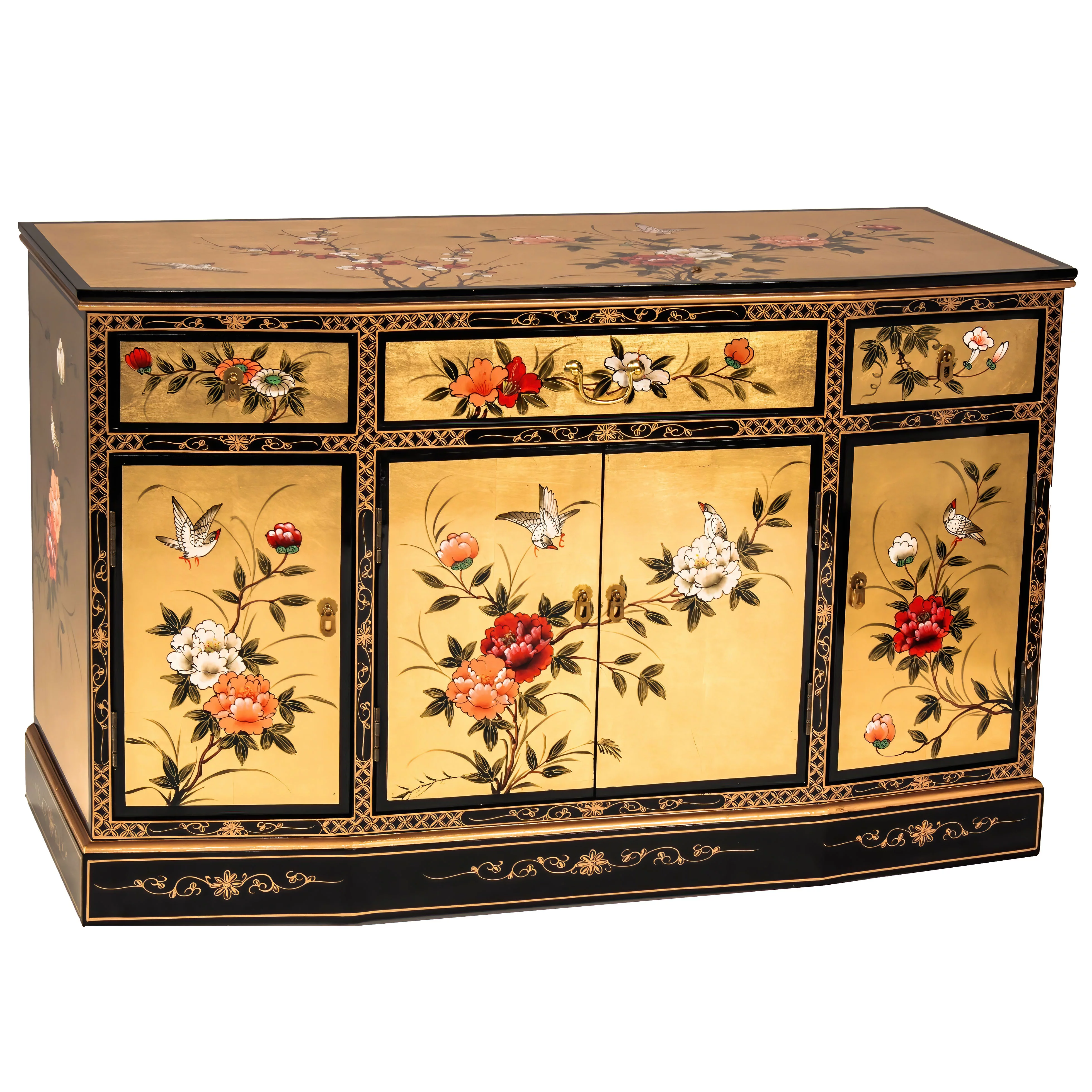 Oriental Furniture Gold Lacquer Slant Sideboard - Birds and Flowers