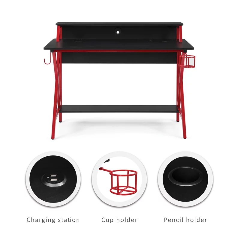 Linon Grayson LED Metal and Wood Gaming Desk in Black and Red