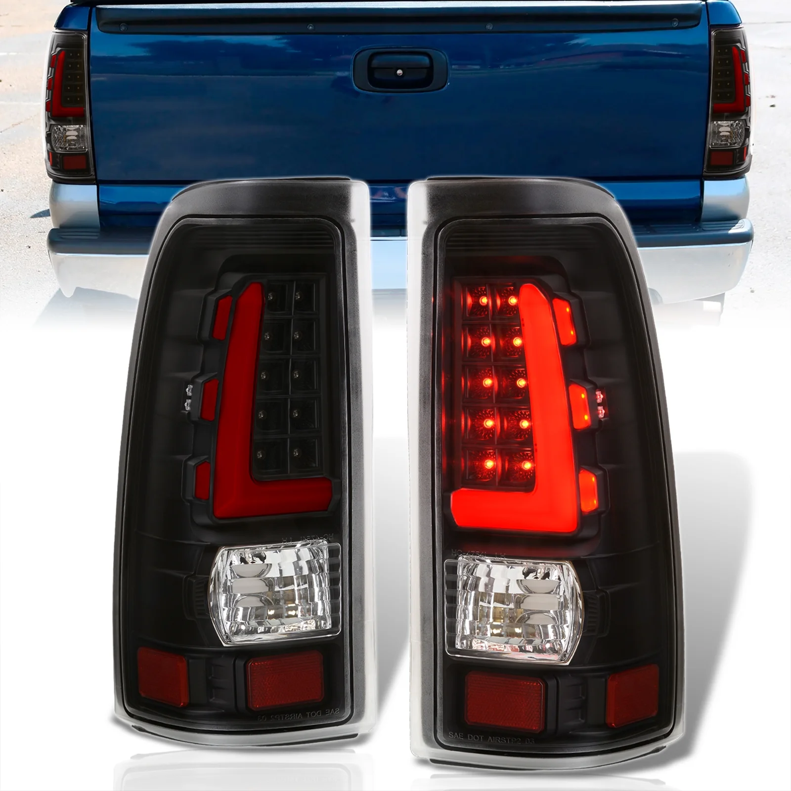 AJP Distributors Black Housing Clear Lens Red Tube LED Bar Tail Lights Brake Stop Signal Lamps Compatible/Replacement For Chevrolet Chevy Silverado / GMC Sierra 1999 2000 2001 2002 2003 2004 2005 2006