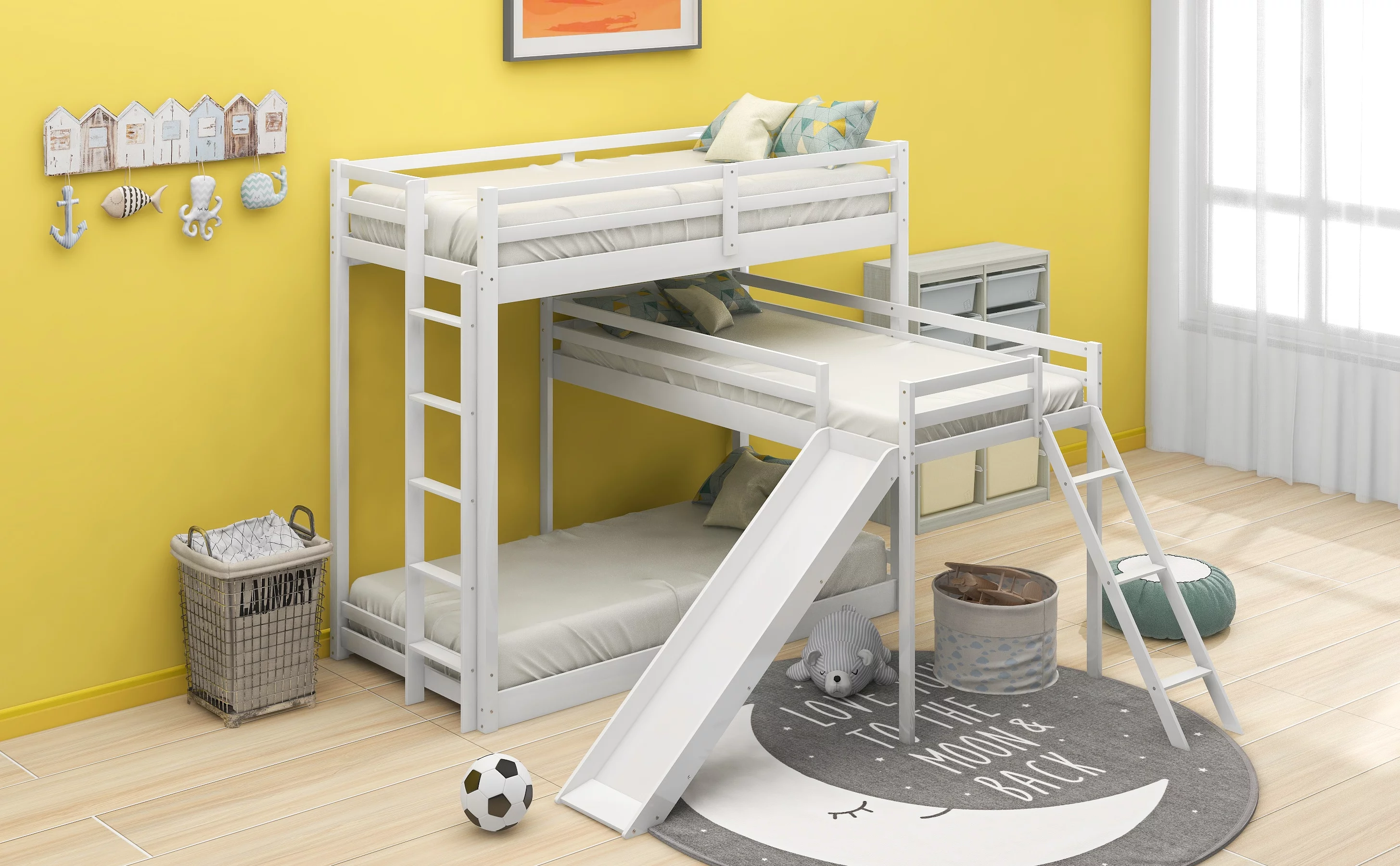 Euroco L-Shaped Twin Over Twin Over Twin Bunk Bed, Triple Bed with Slide & 2 Ladders, White