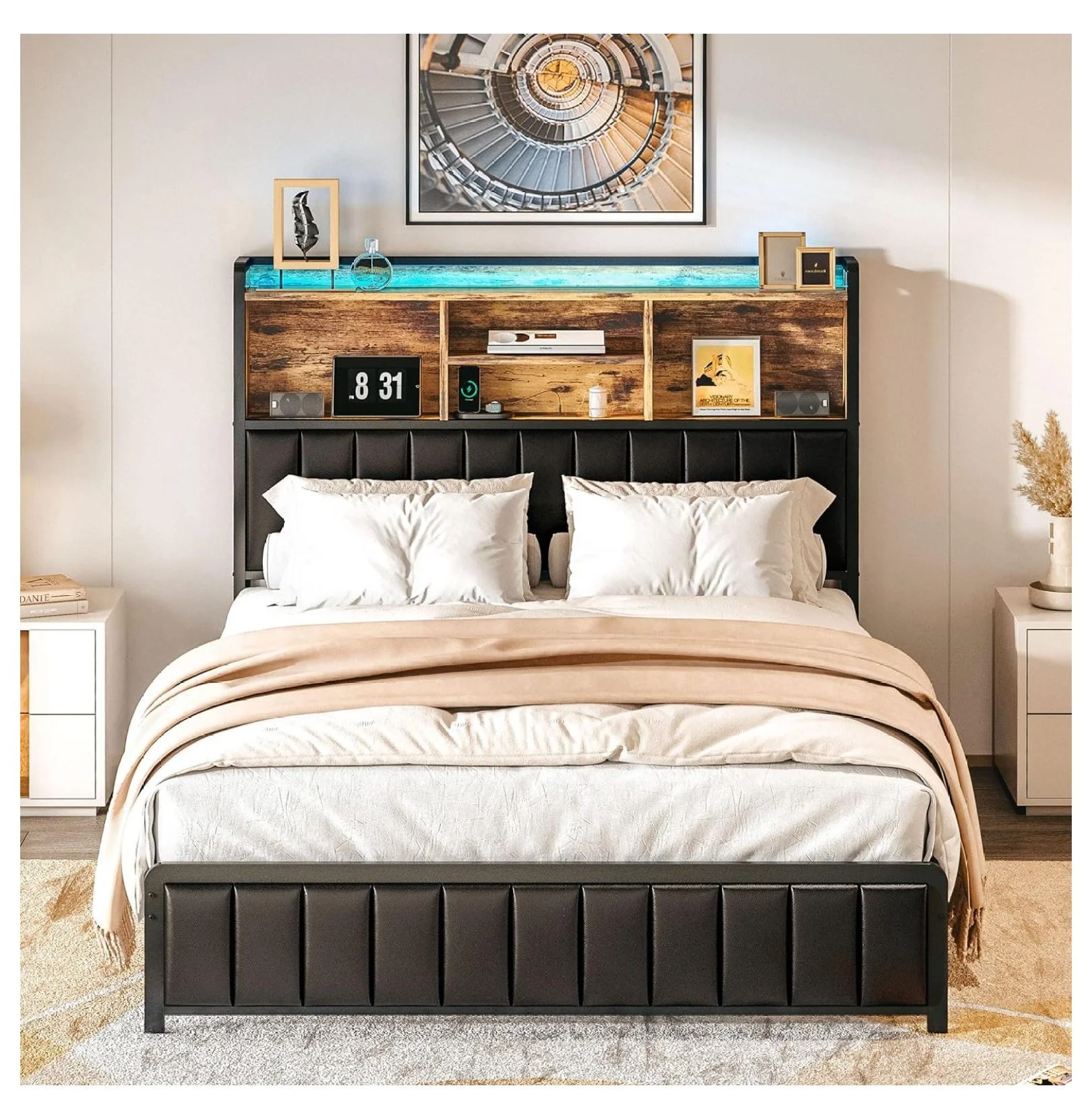 Full Size Bed Frame with Upholstered Headboard and LED Light, Strong Platform Bed with Charging Station,No Box Spring Needed