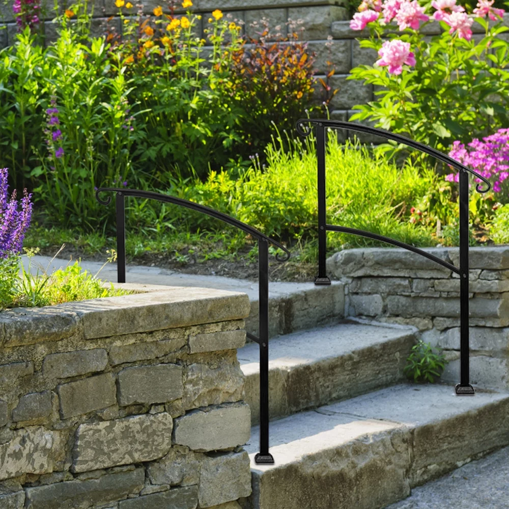 1-3 Steps Outdoor Stair Handrail, Adjustable from 0 to 40 Degrees Exterior Stair Railing, Transitional Wrought Iron Handrail, Handrails for Concrete Steps with Installation Kit, Matte Black