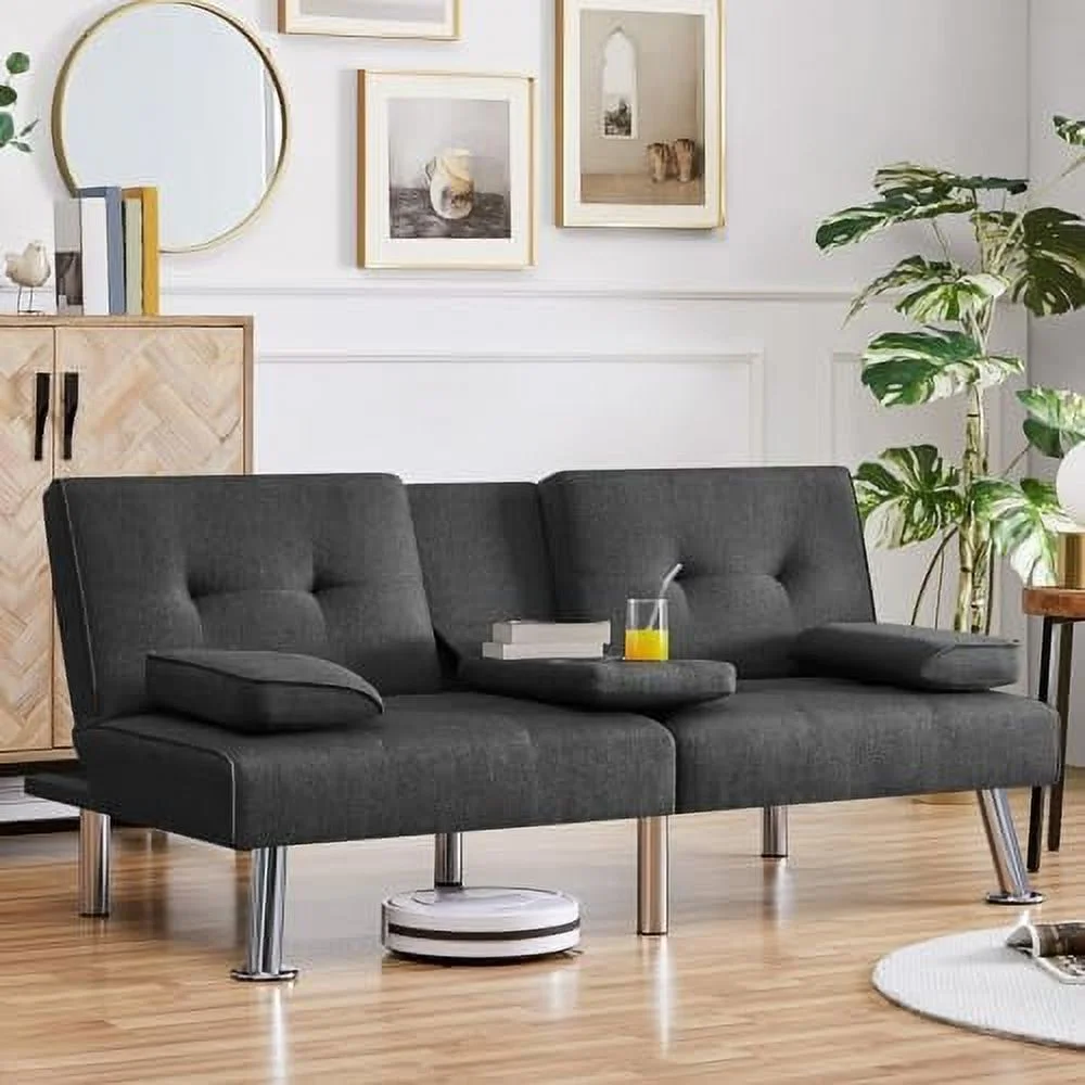 JYHOME Convertible Sofa Bed Adjustable Couch Sleeper Modern Faux Leather Recliner Reversible Loveseat Folding Daybed Guest Bed  Removable Armrests  Cup Holders  3 Angles  772lb Capacity