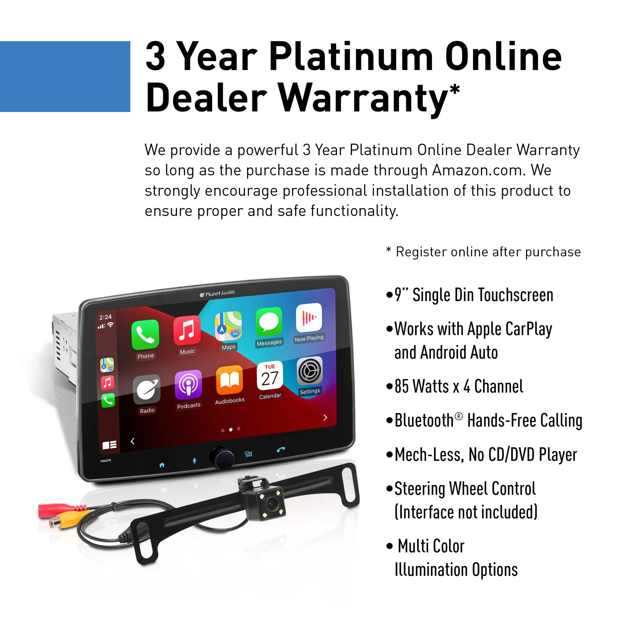 Planet Audio P90CPAC Car Stereo - Apple CarPlay, Android Auto, Single Din, 9 Inch Capacitive Touchscreen, Bluetooth, No CD DVD Player, AM/FM Radio Receiver, Backup Camera