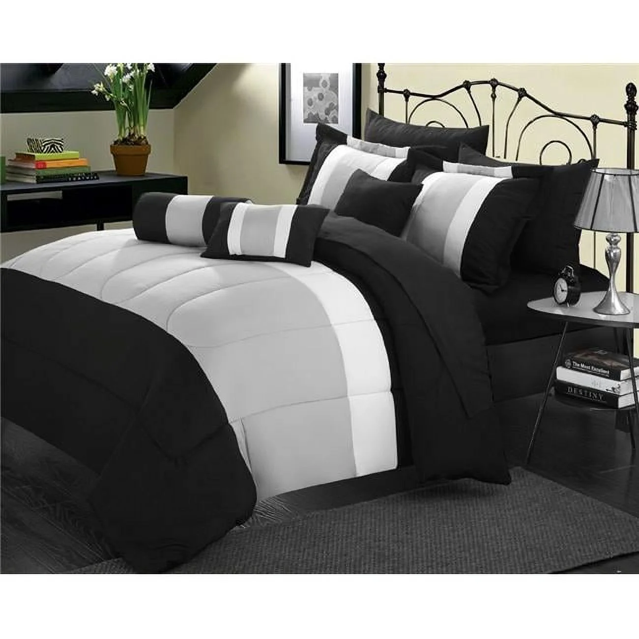 Chic Home CS5036 10 Piece Prenston Contemporary Geometric Pattern Comforter Complete Bed with Sheet Sets Decorative Pillows Shams, King - Black