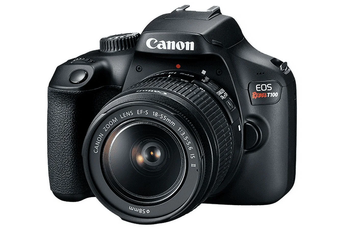 Canon EOS Rebel T100 / 4000D DSLR Camera with 18-55mm Lens, 64GB Memory Card, Case, Photo Software, LPE10 Battery, Flex Tripod, Hand Strap, Memory Wallet, Cleaning Kit