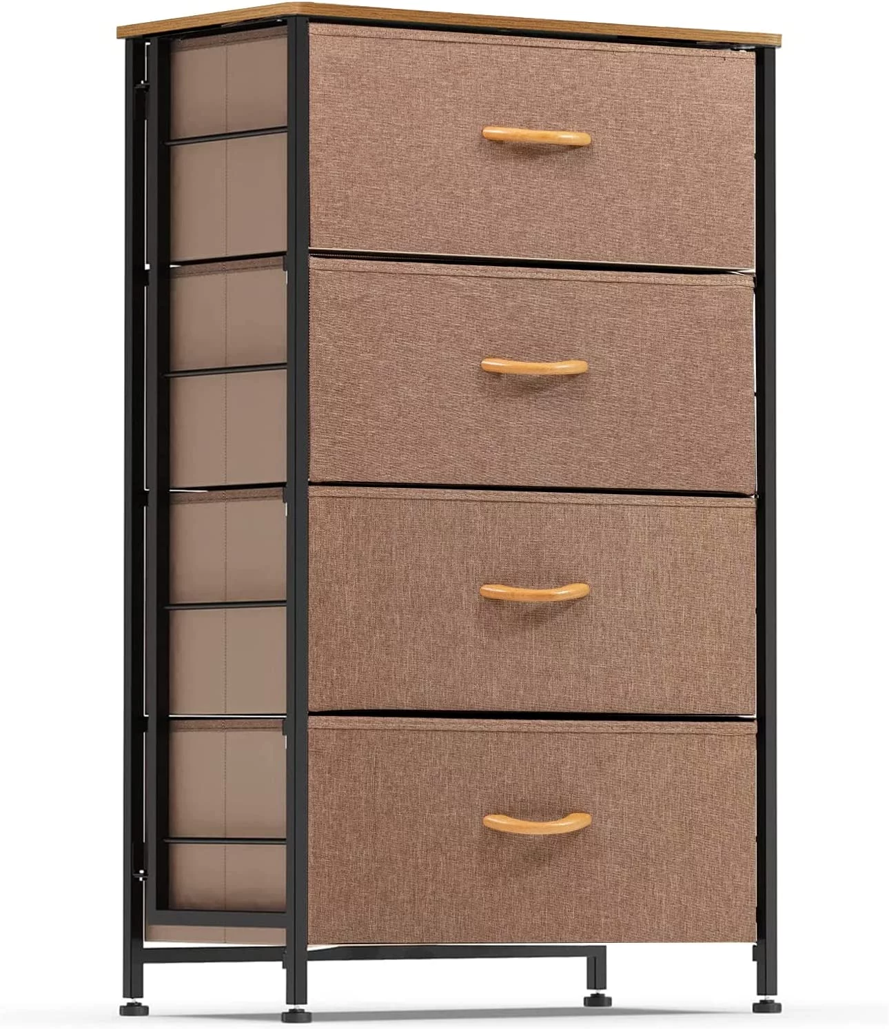 SQWEDX Dresser  Tower  4 Fabric Organizer Drawers  Wide Chest of Drawers for Closet Boys & Girls Bedroom  Bedside   Steel Frame  Wood Top  Fabric Bins  Easy Installation (Camel)