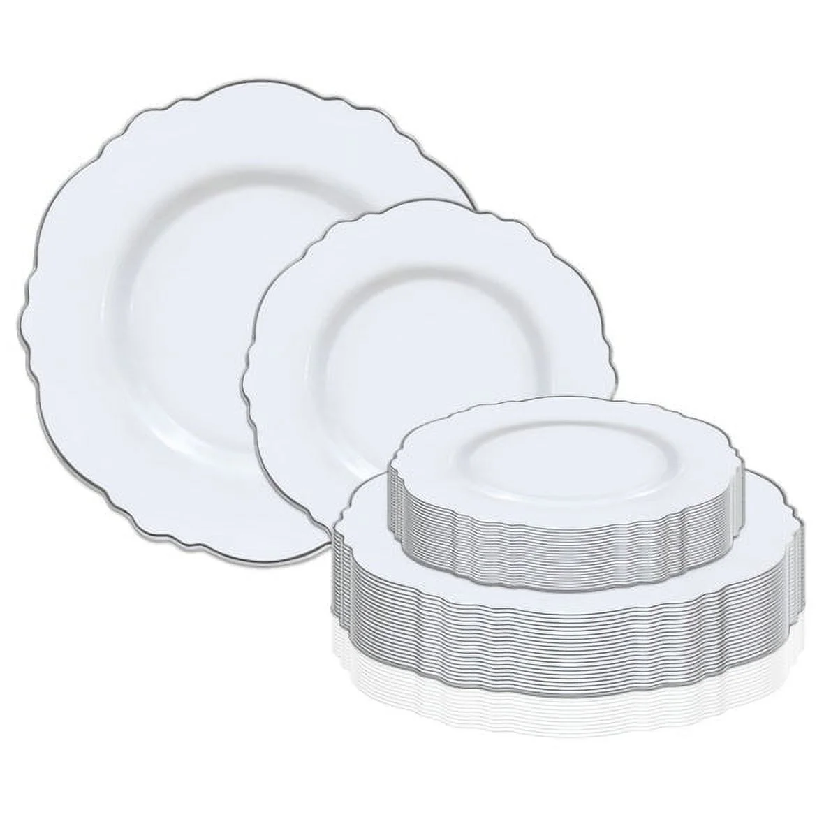 Smarty White with Silver Rim Round Blossom Disposable Plastic Dinnerware Value Set 240ct
