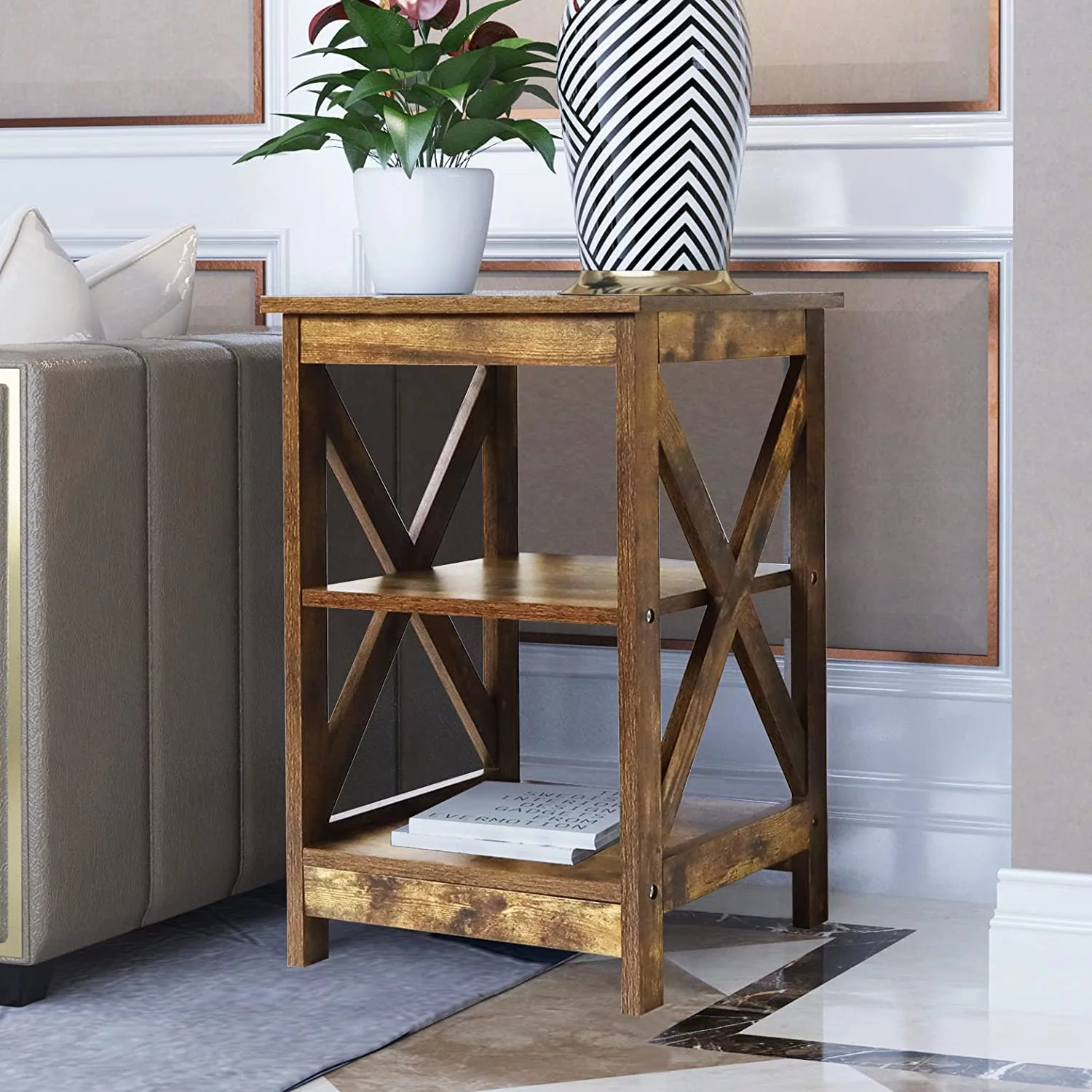 Side Table, Modern Farmhouse Wood End Table with 3-Tier Storage, Rustic Wood