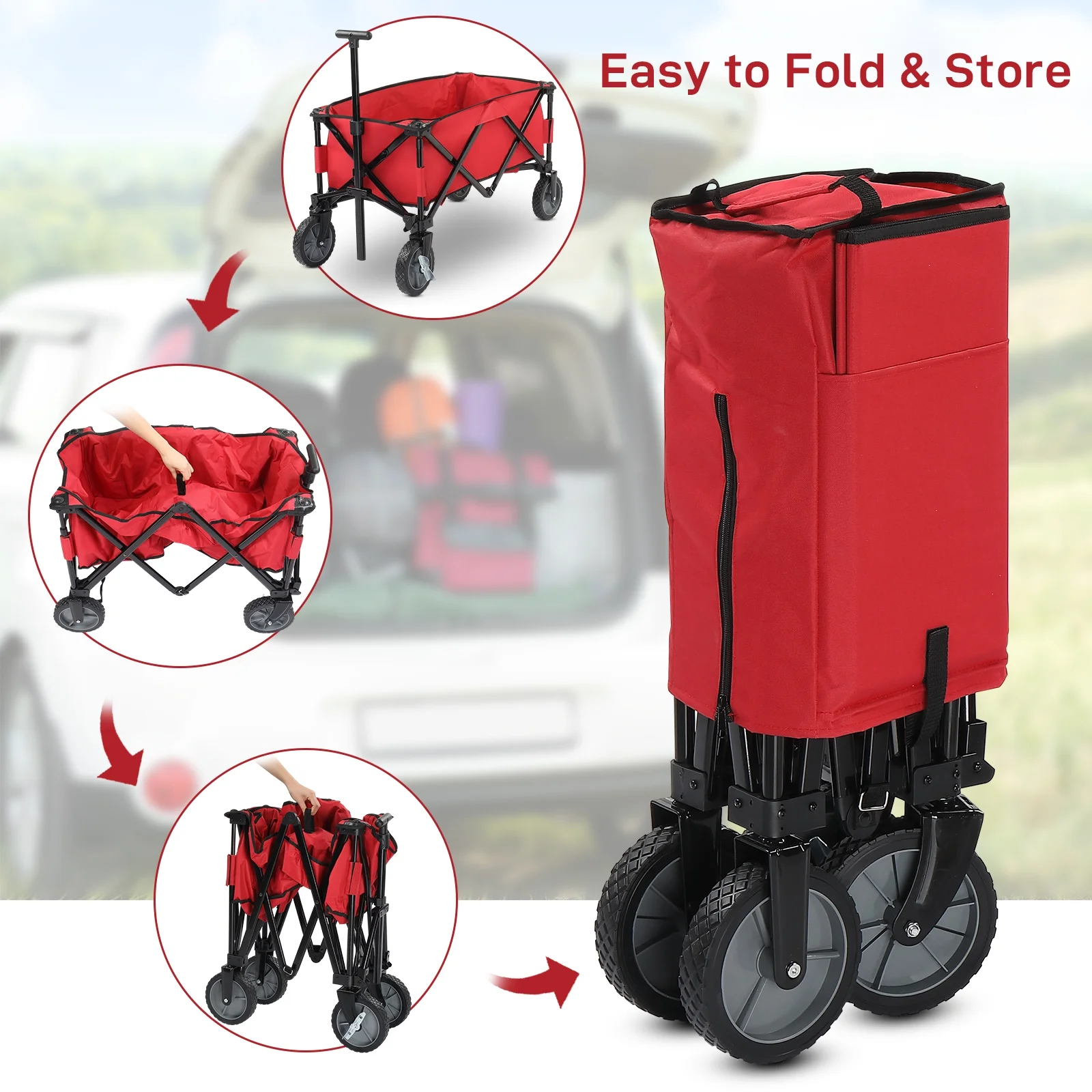 Sports Heavy Duty Steel Frame Collapsible Folding 150 Pound Capacity Outdoor Camping Garden Utility Wagon Yard Cart, Red 35*19*38inch