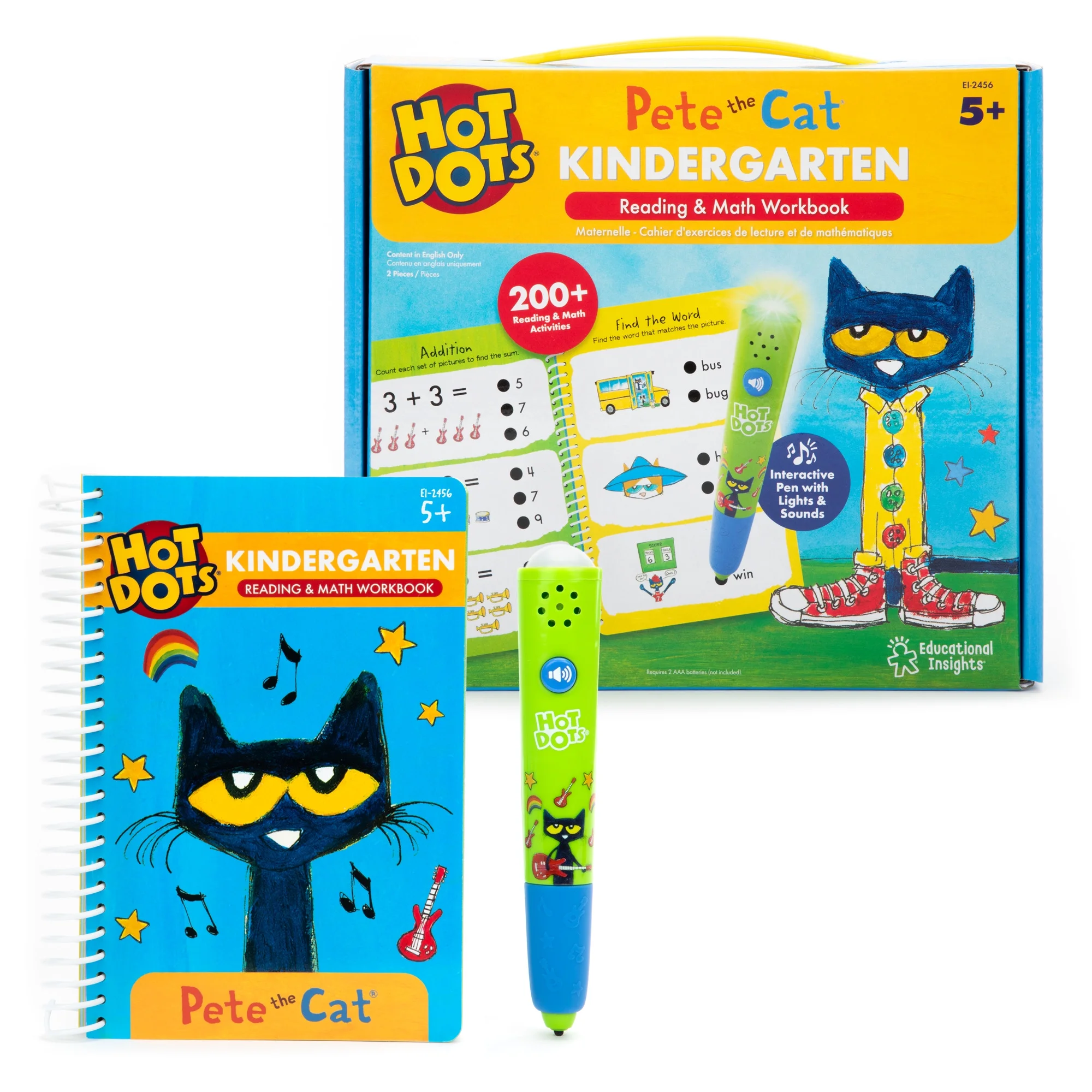 Educational Insights Hot Dots Pete the Cat Kindergarten Reading and Math Workbook for Kids Ages 5+