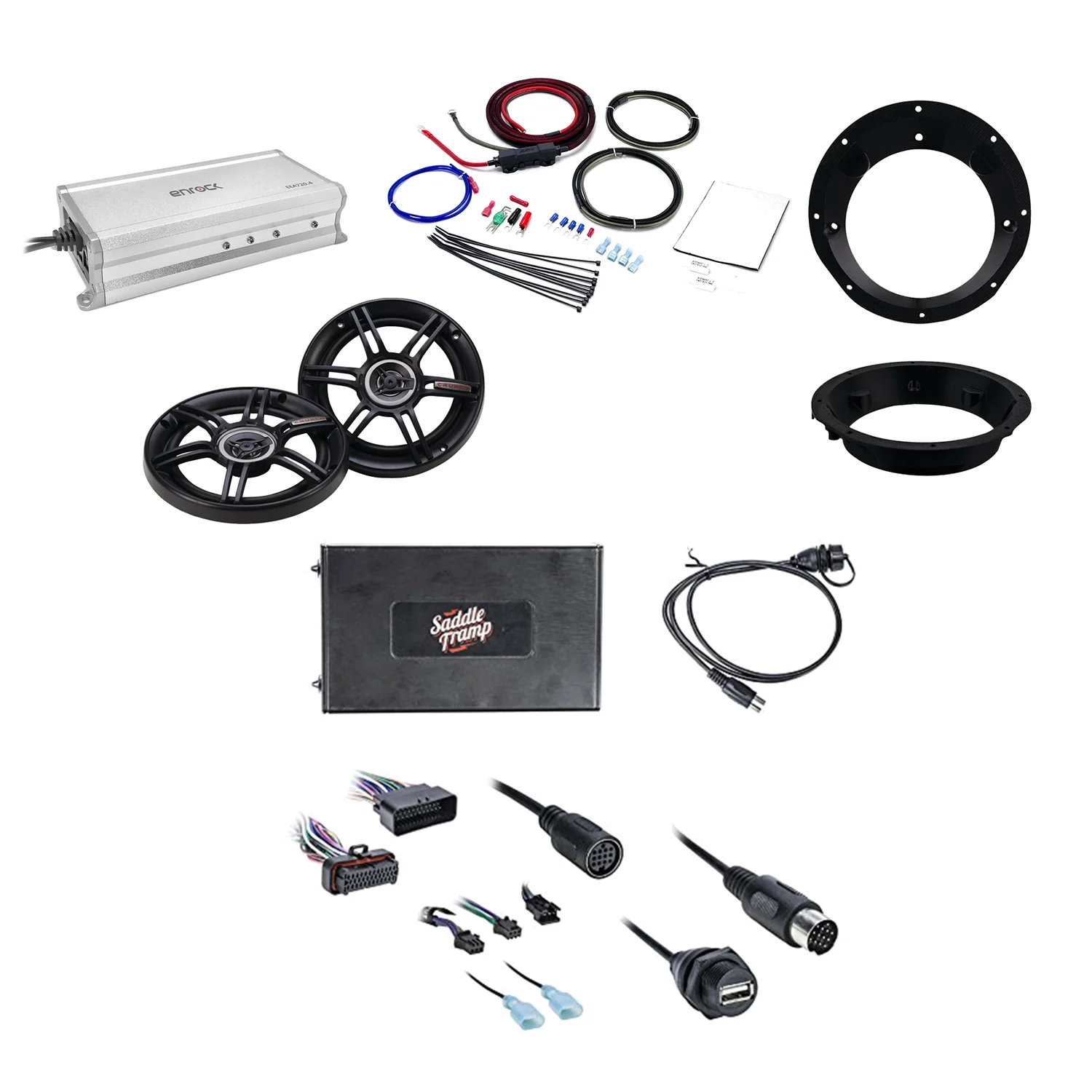 Metra Bluetooth Audio Interface for Select 2006-13 Harley Davidson Radio W/Crunch Mount Car Speakers, Metra Mounting Ring, Enrock Marine Marine Amplifier & and Scosche Motorcycle Amplifier Power Kit