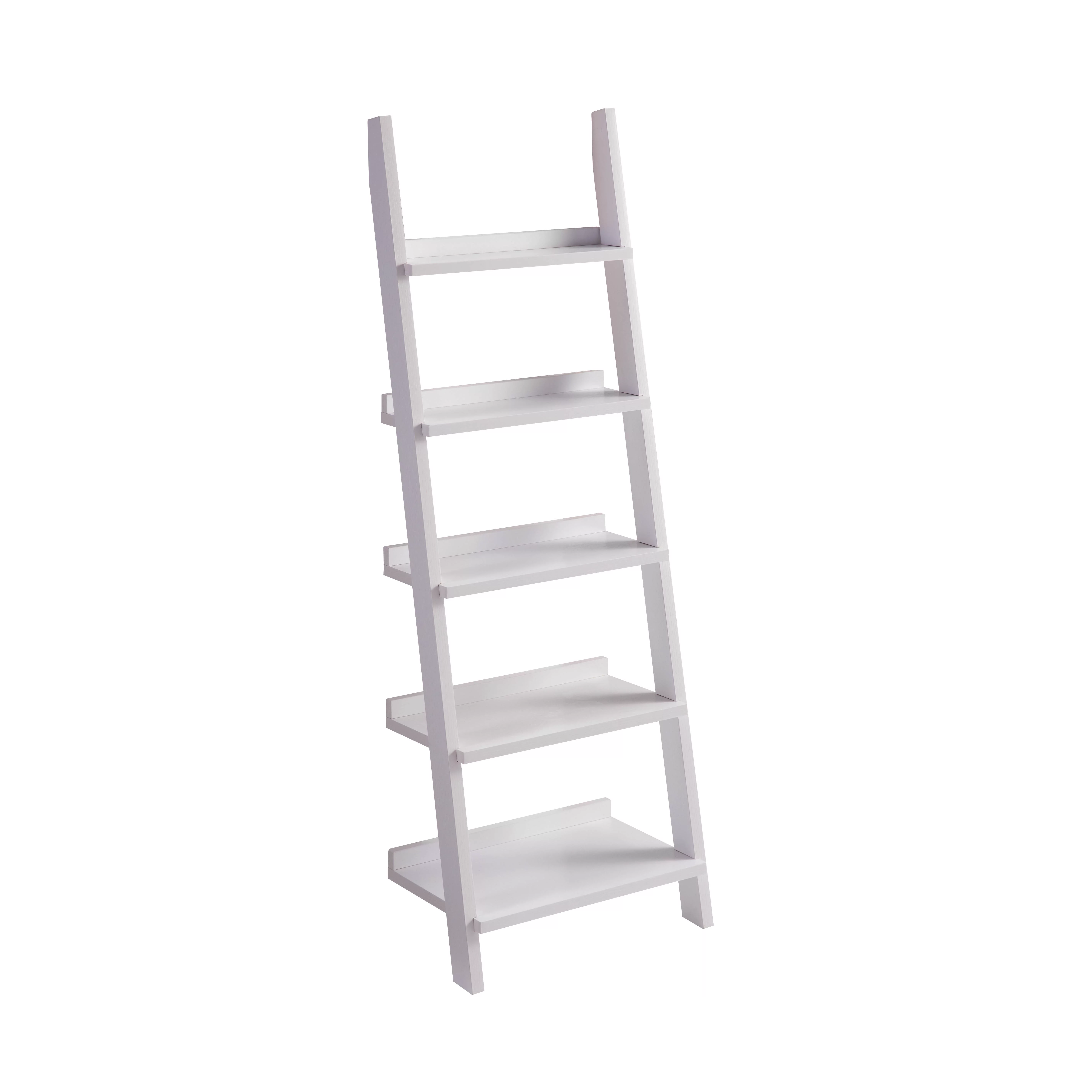 White Finish 5 Tier Wooden Ladder Bookshelf, Shelf Leaning Open Shelves Bookcase