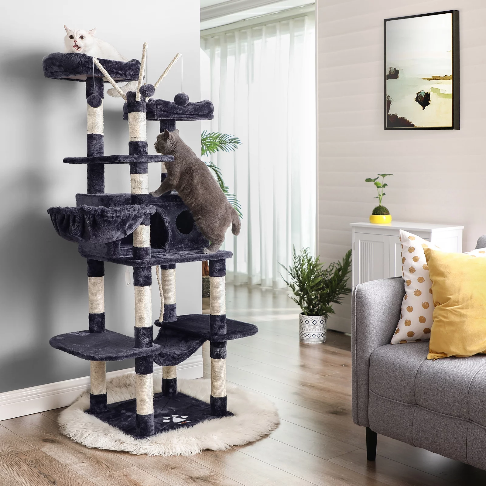 FEANDREA Cat Tree Large Cat Tower Condo Scratching Post Tower Play House Dark Gray