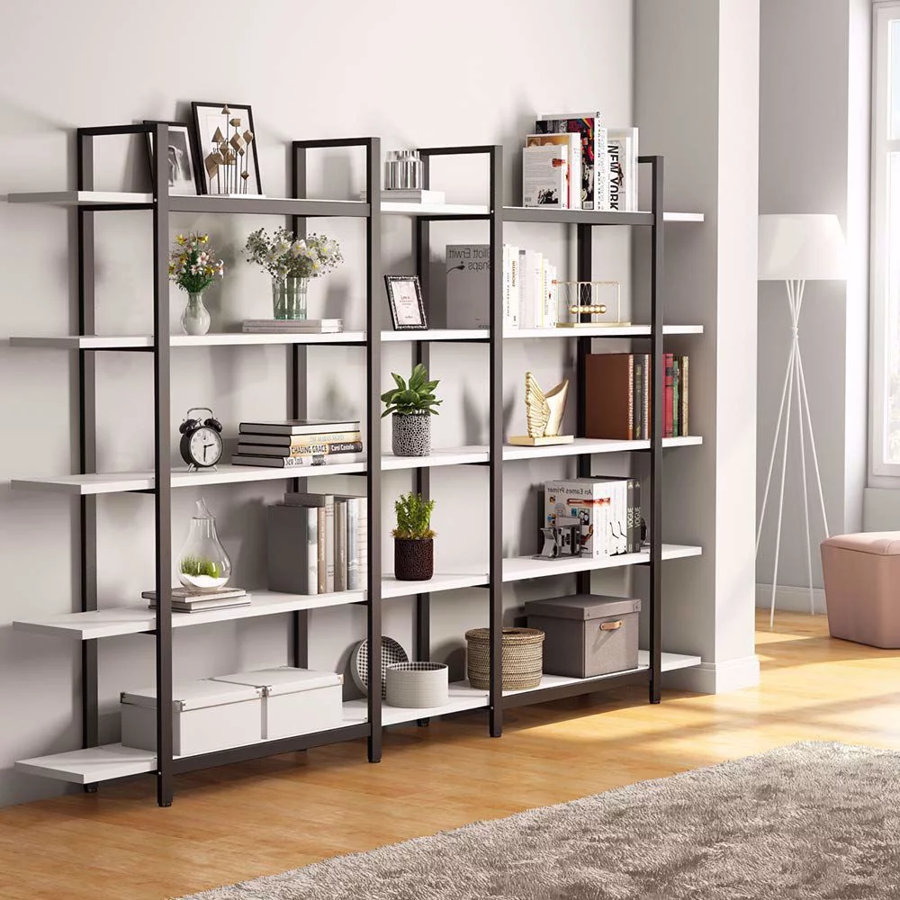 Tribesigns 5 Shelves Bookshelf, Vintage Industrial Style Bookcase 72 H x 12 W x 47L Inches, Wood and Metal, White Black