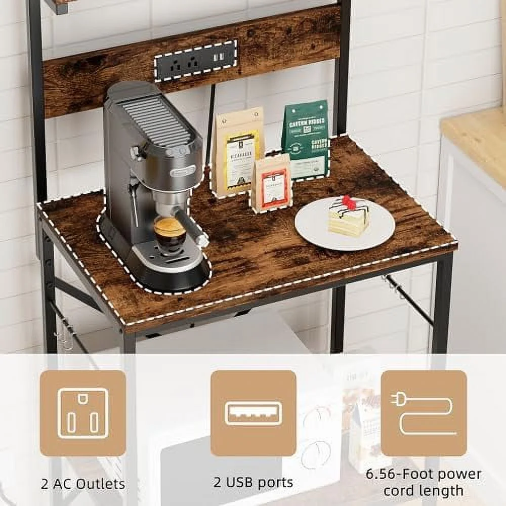 HYHBIBOOM Kitchen Bakers Rack with Power Outlet  Microwave Stand with 6 S-Shaped Hooks  4-Tier Coffee  Microwave Rack (23.62''  Rustic Brown)