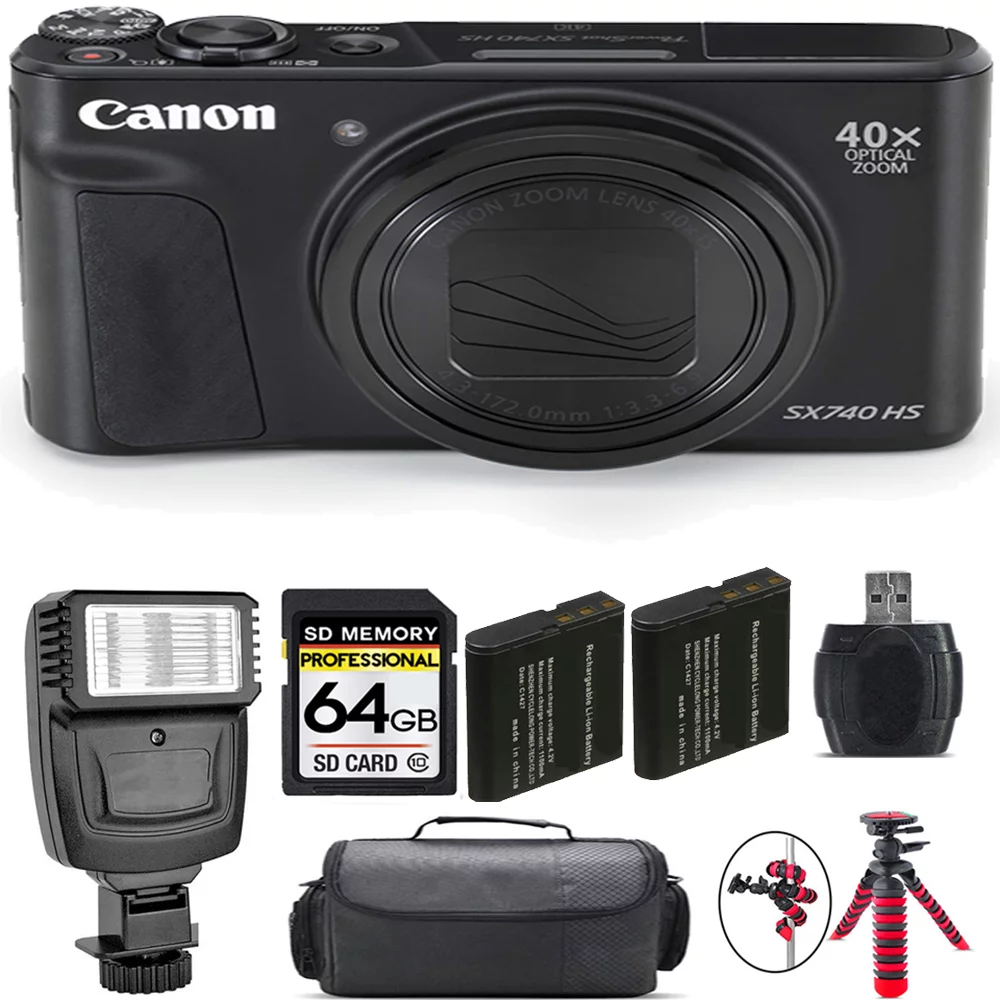 Canon PowerShot SX740 HS Digital Camera (Black) + Extra Battery + Flash - 64GB Kit