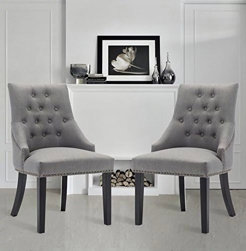 TJUNBOLIFE Upholstered Tufted Fabric Dining Chairs   Leisure Padded Dining Room Chairs with Black Solid Wooden Legs  Nailed Trim Living Room Chairs for Home Kitchen Bedroom  Gray