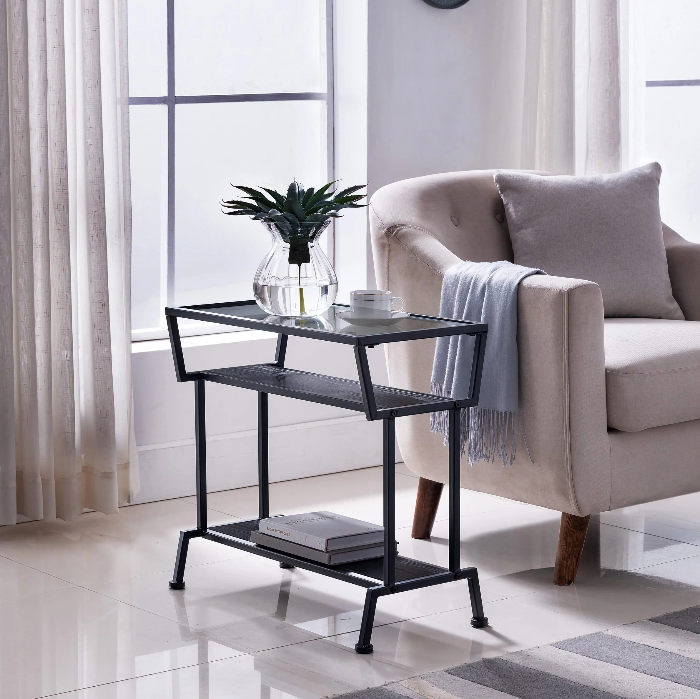 Kings Brand Furniture Side End Table with Glass Tabletop & 2 Lower Wood Shelves, Black