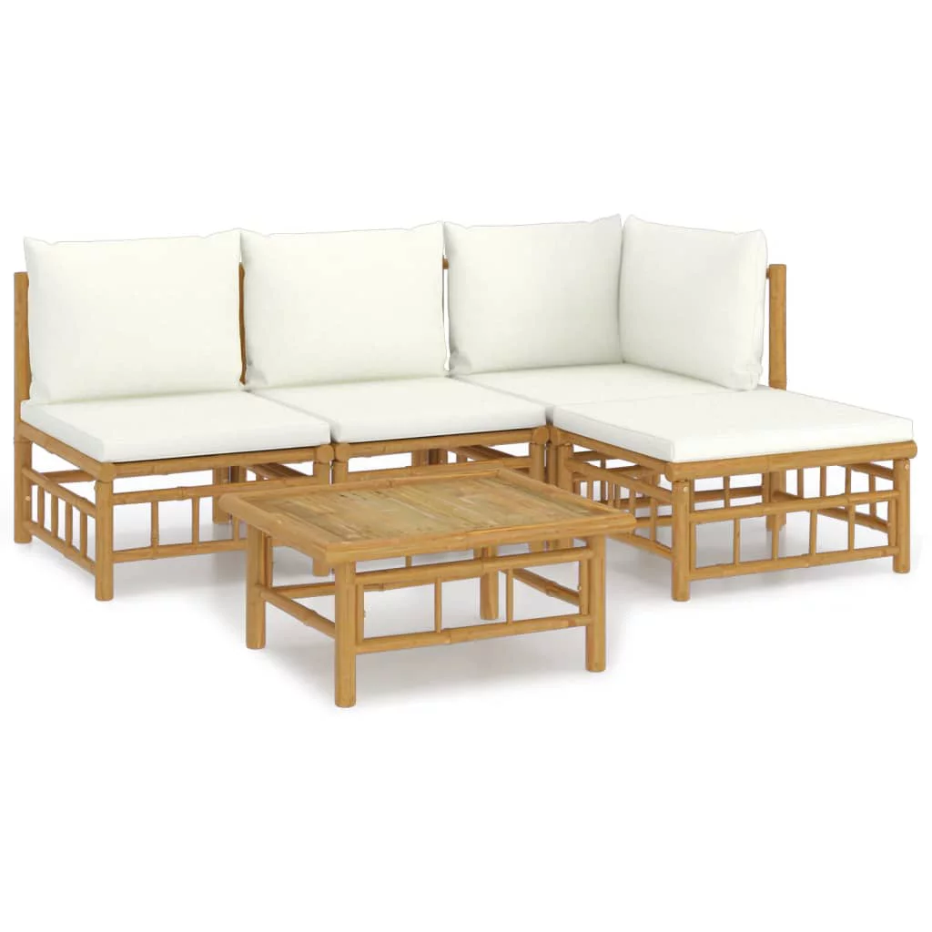 Dcenta 5 Piece Patio Set with White Cushions Bamboo