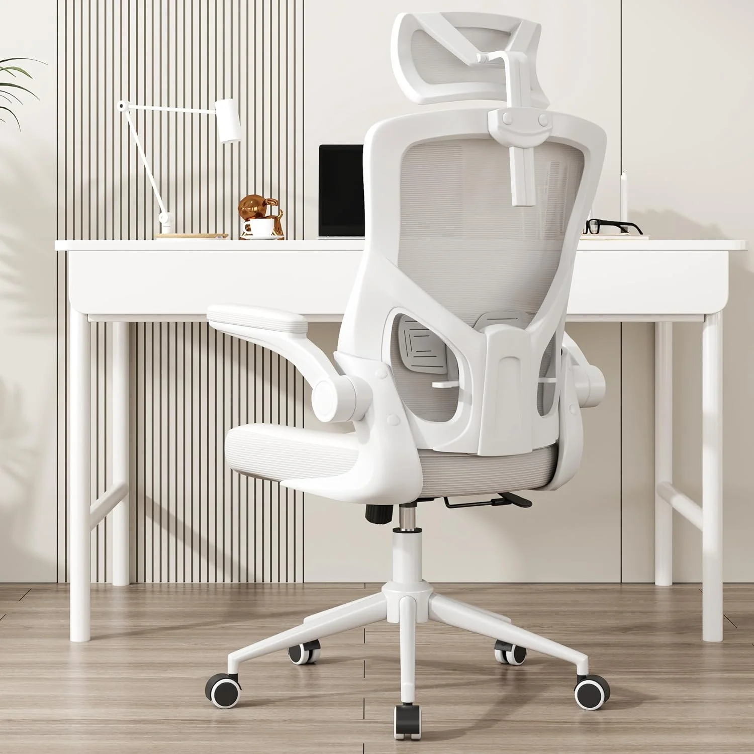 , Ergonomic Mesh Desk Chair, High Back Computer Chair- Adjustable Headrest with Flip-Up Arms, Lumbar Support, Swivel Executive Task Chair (Modern, White)