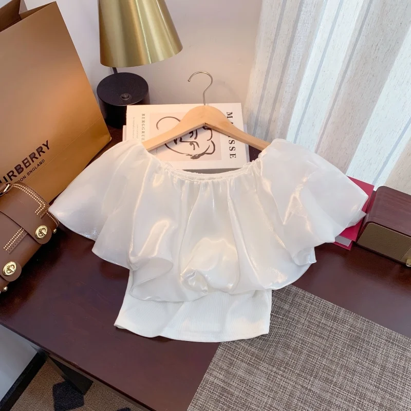 Summer Fashionable Square Neck Pleated Satin Lantern Sleeve Shirt For Women, Fashionable And Chic Short Navel Revealing Top For Women