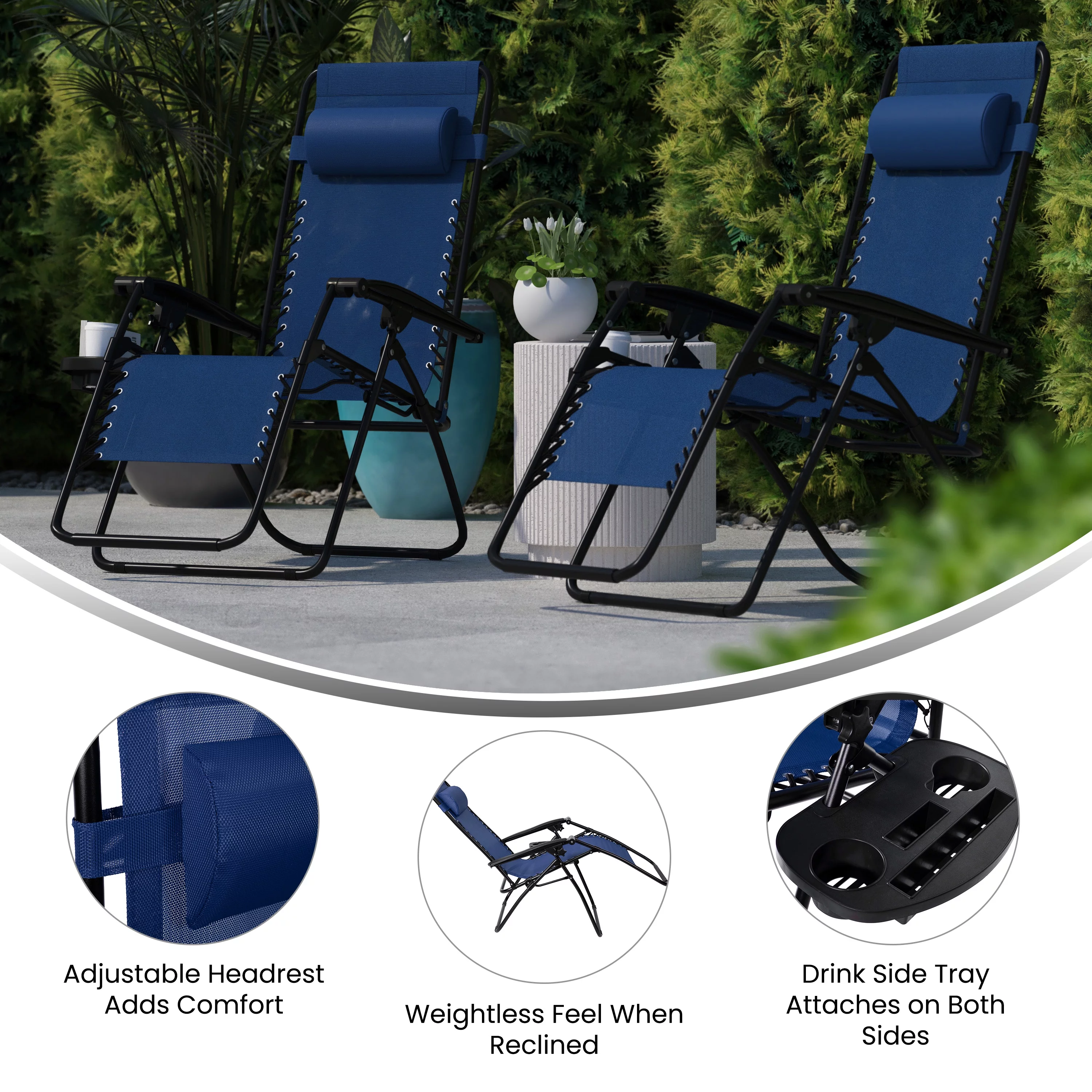 Merrick Lane Set of 2 Navy Folding Mesh Upholstered Zero Gravity Chair with Removable Pillow and Cupholder Tray