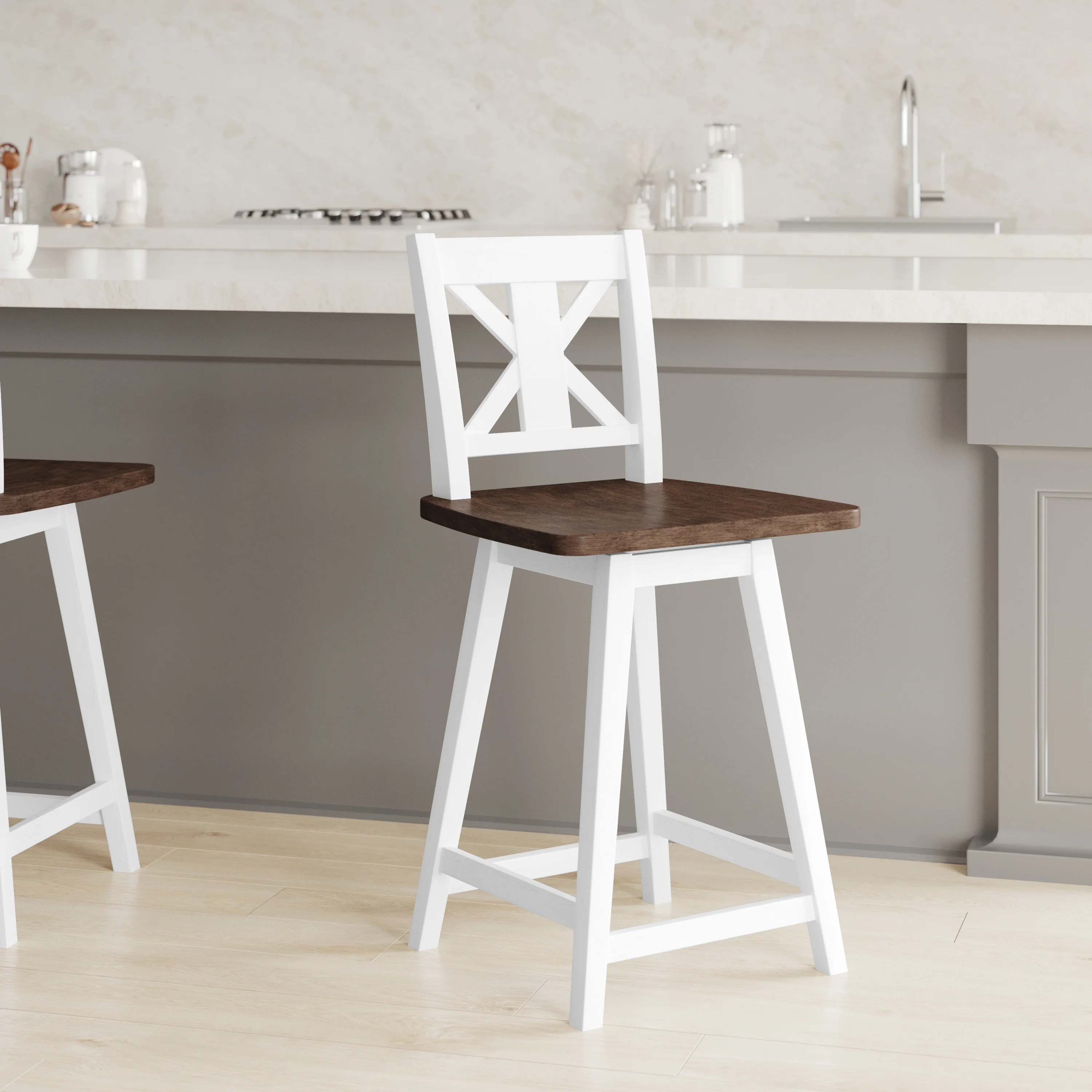 Emma + Oliver Wooden Modern Farmhouse Swivel Counter Height Dining Stool with Decorative Carved Back in Whitewash Finish with Gray Wash Seat