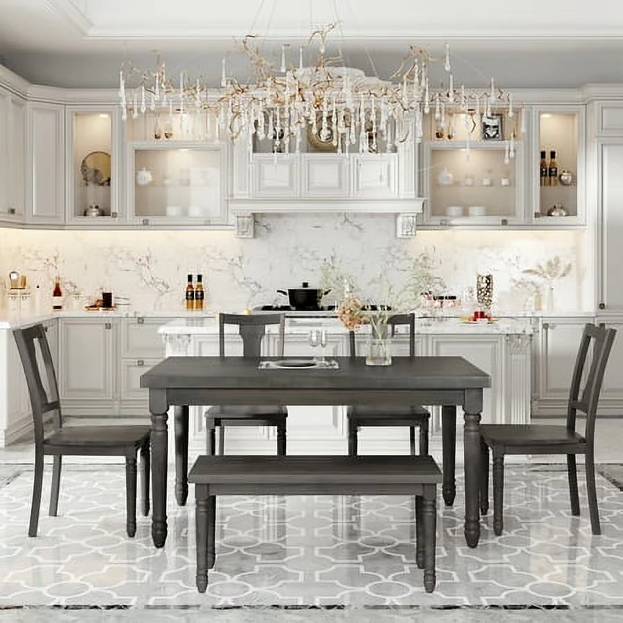 Churanty 6 Pieces Classic Wooden Dining Table Set for 6 Rectangular Dining Table with 4 Chairs and Bench for Kitchen Dining Room, Gray