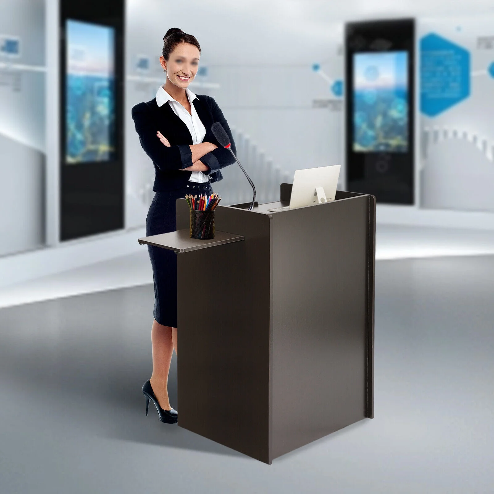 SHZICMY Mobile Floor Lectern with Side Shelf And Keyboard Tray, Black Rolling Podium